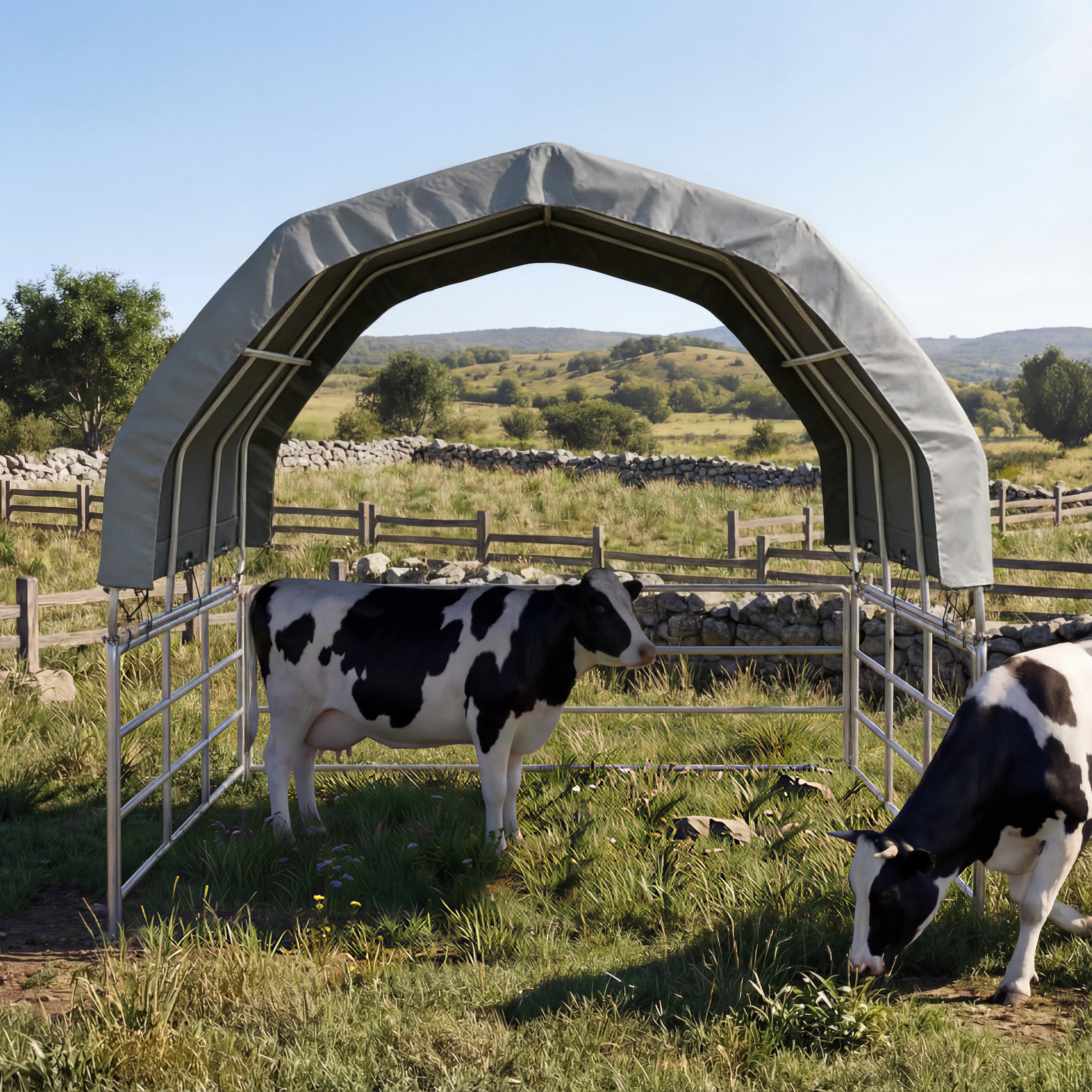 Two cows in a grassy field with a portable shelter.