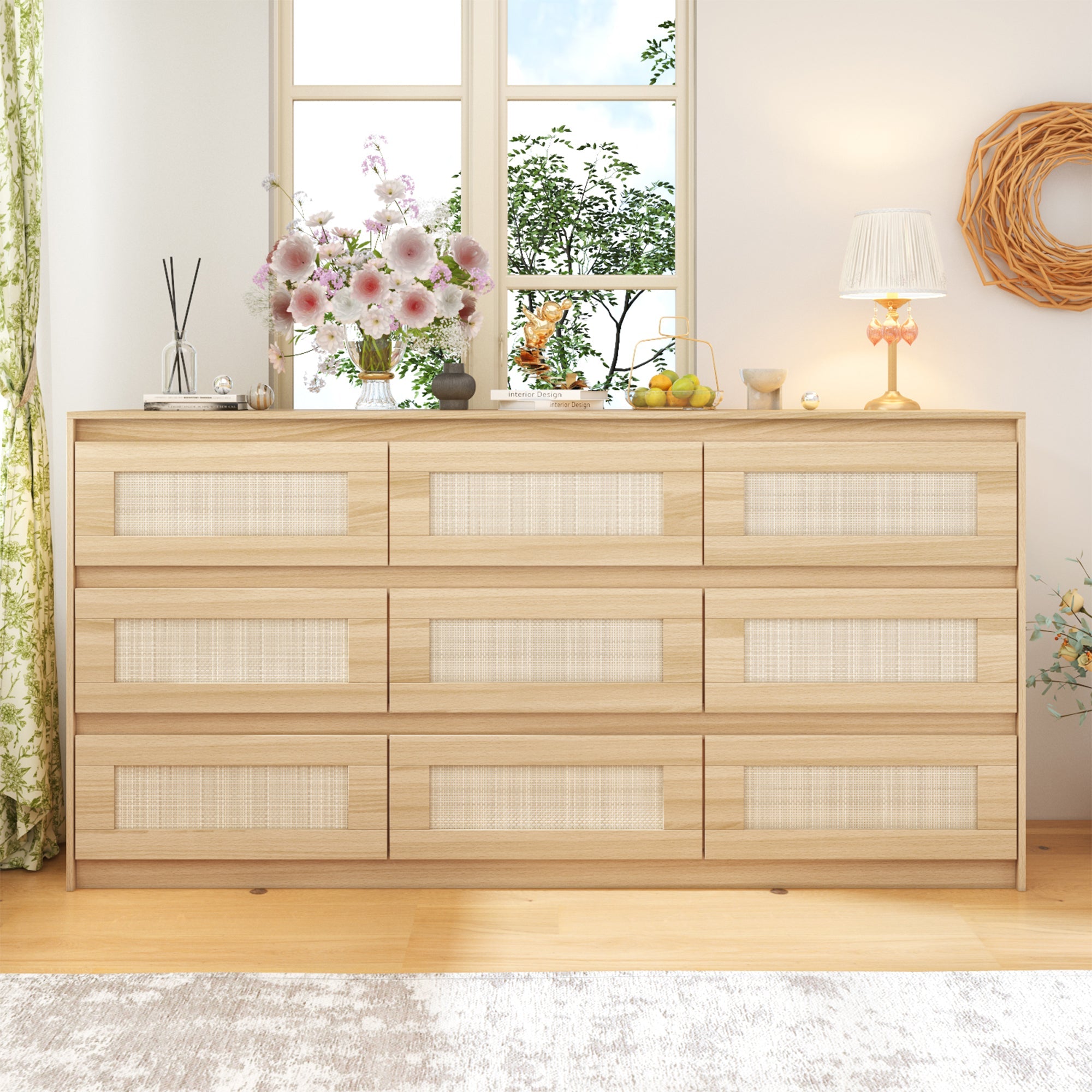 62.9" Wide 9 Drawers Medium Wood Dresser