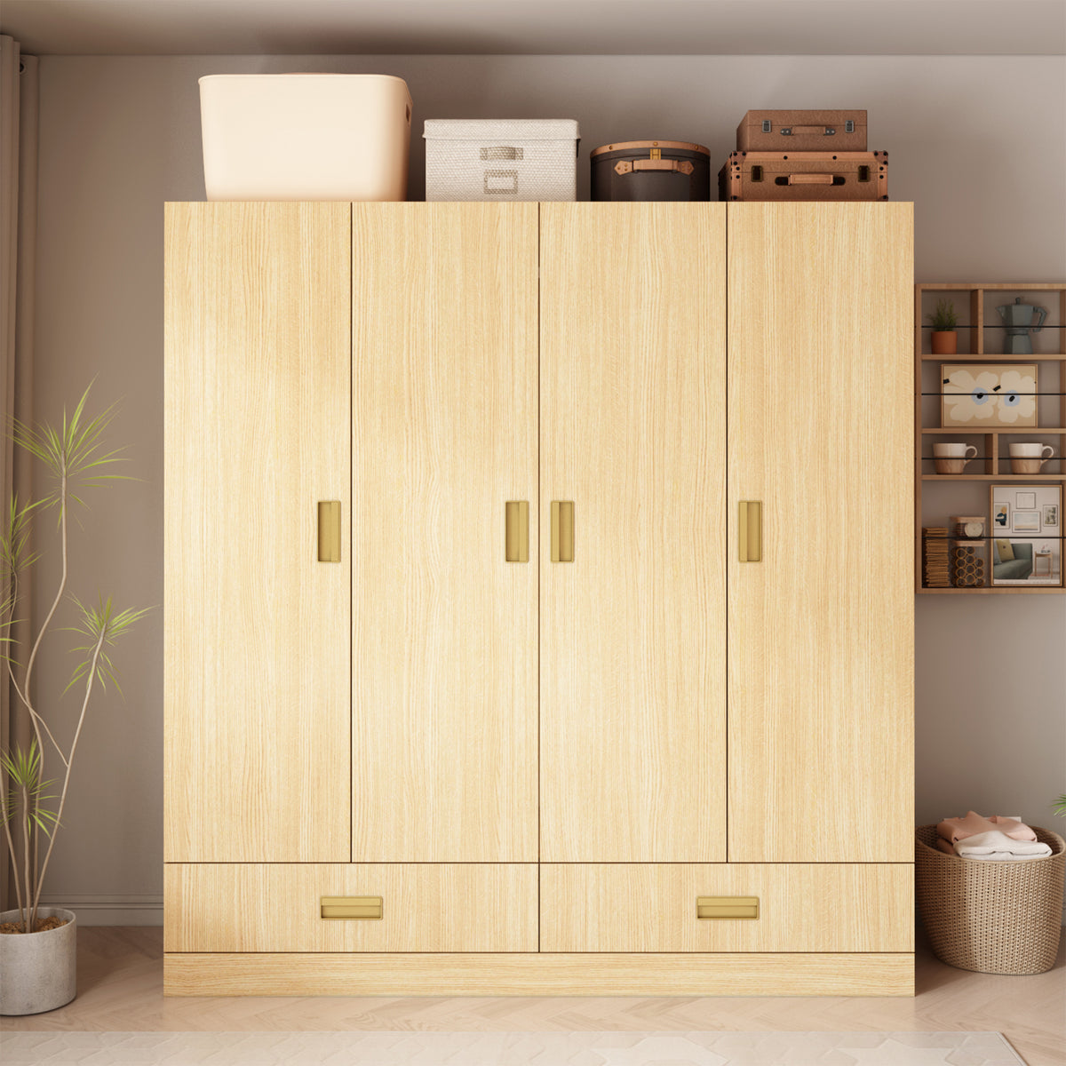 Light wooden wardrobe with gold handles in a room setting.