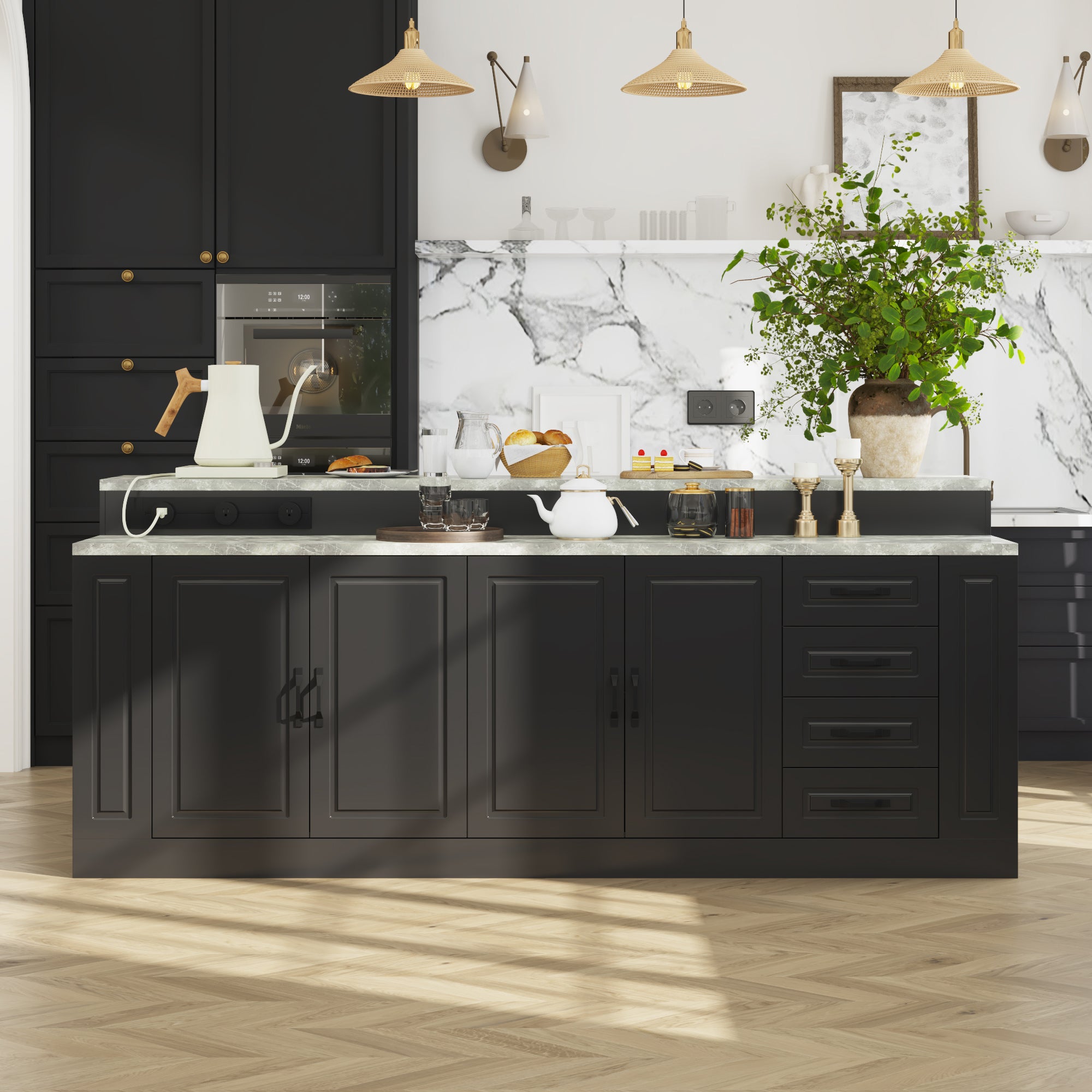 Modern kitchen with black cabinets, marble island, and decorative elements.