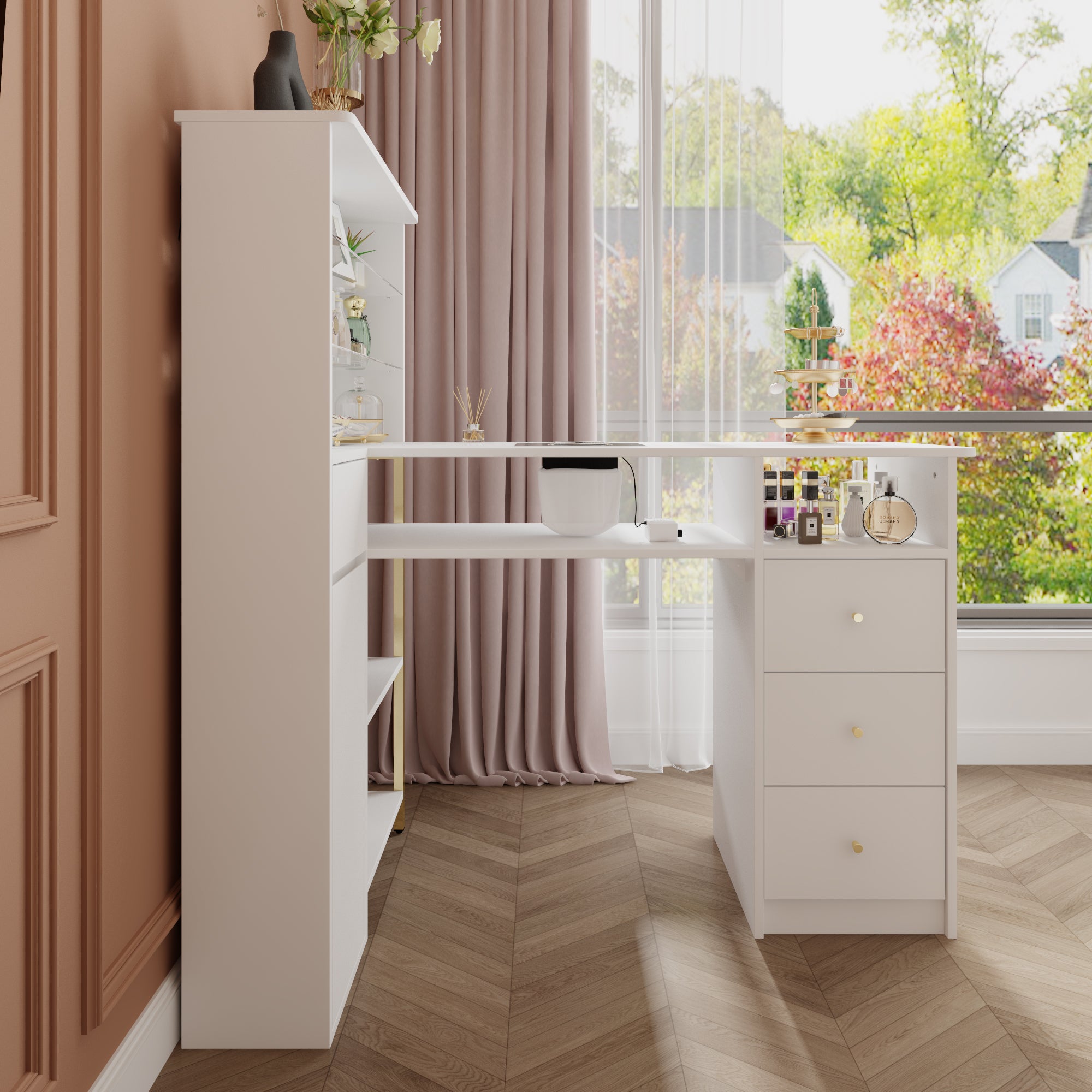 L-Shaped Manicure Nail Table Station With Electric Dust Collector