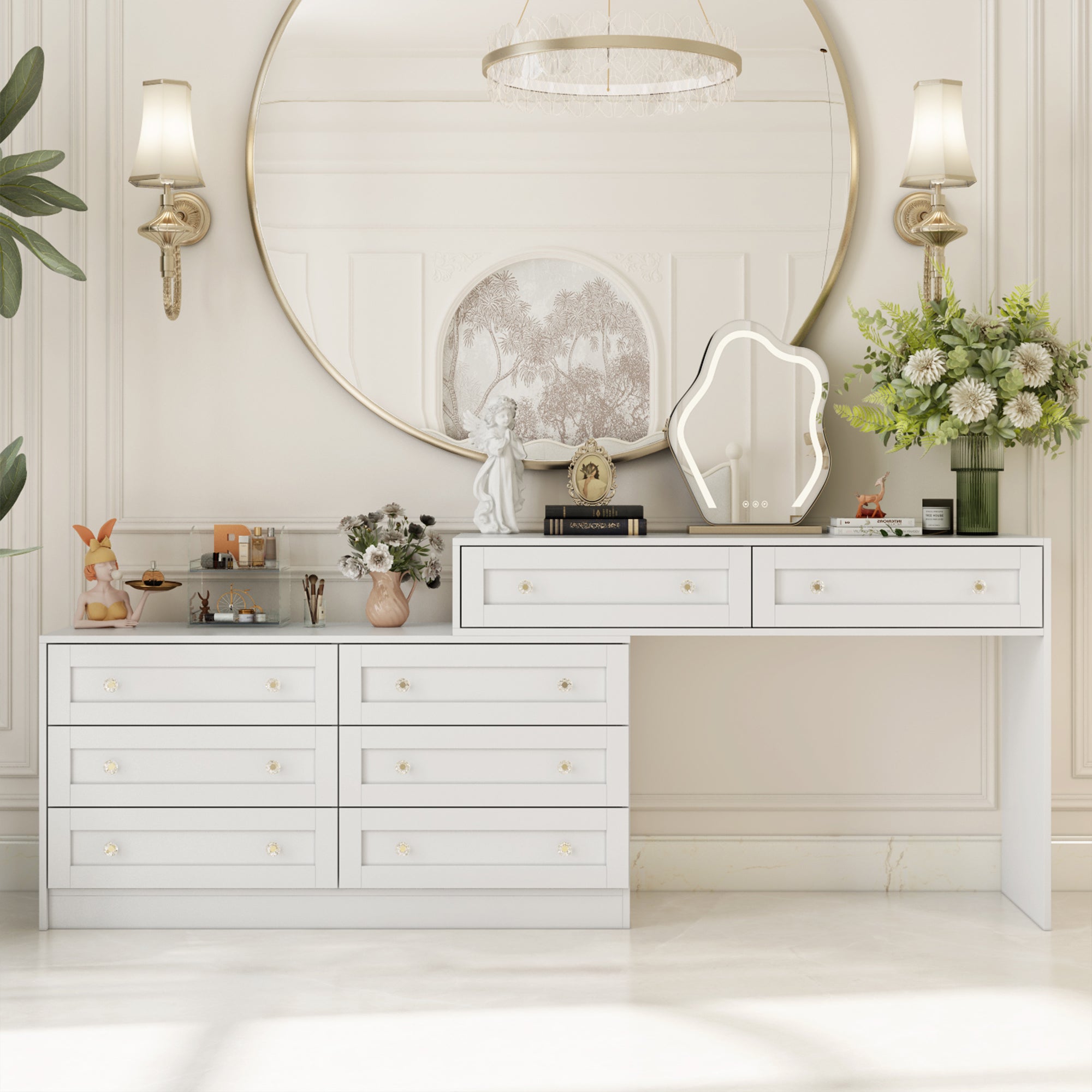 White Dresser and Vanity Versatile Storage Solution Crystal Desk