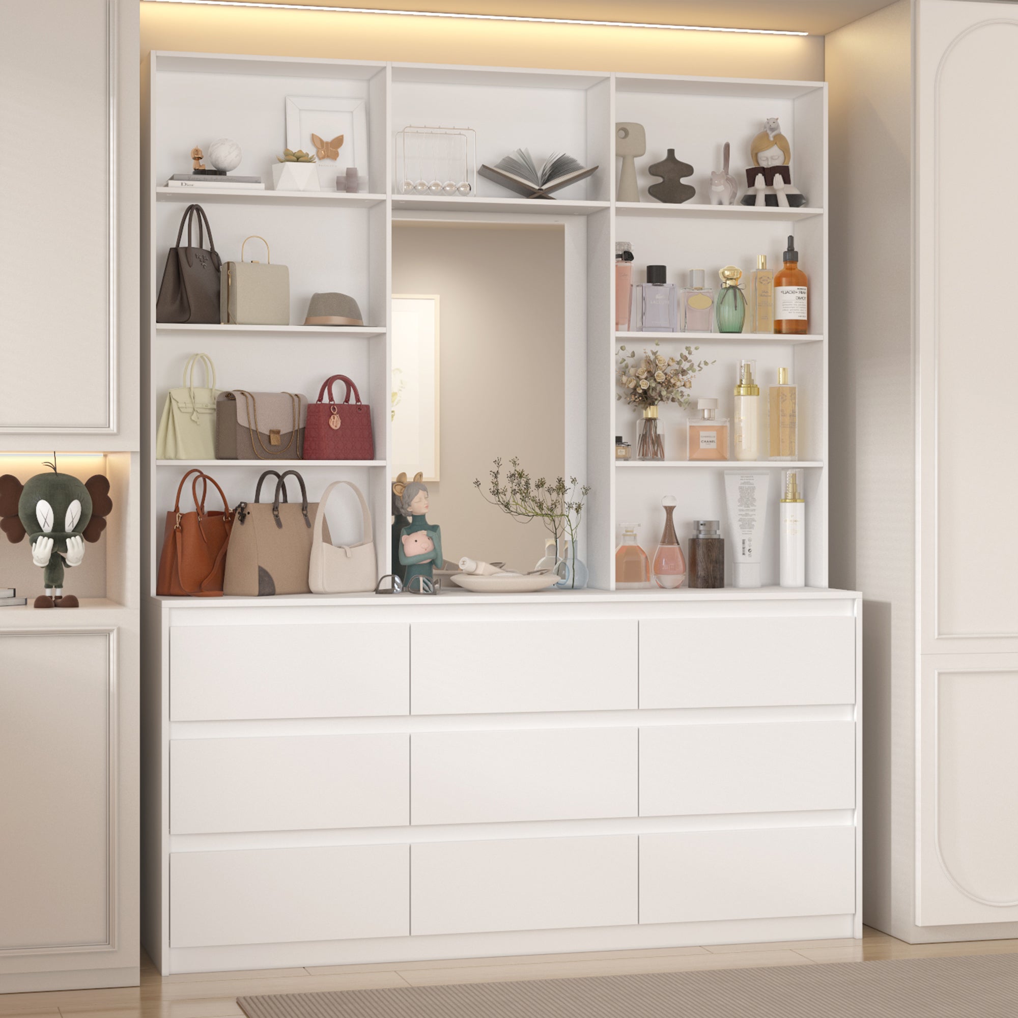Elegant Closet System With 9 Drawers And Mirror