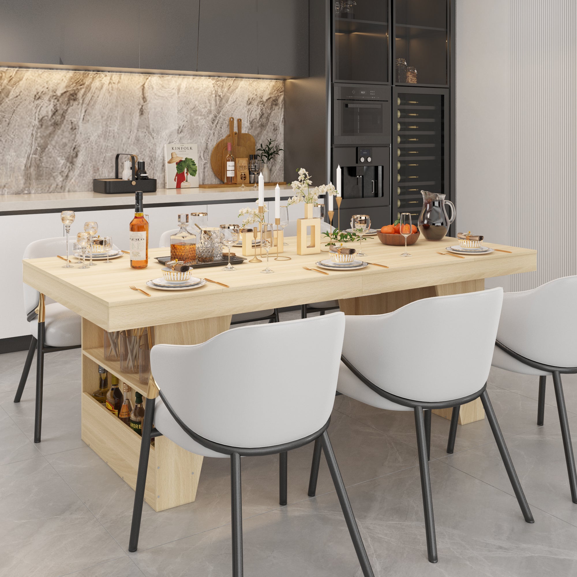 Modern kitchen with dining table set and kitchen appliances