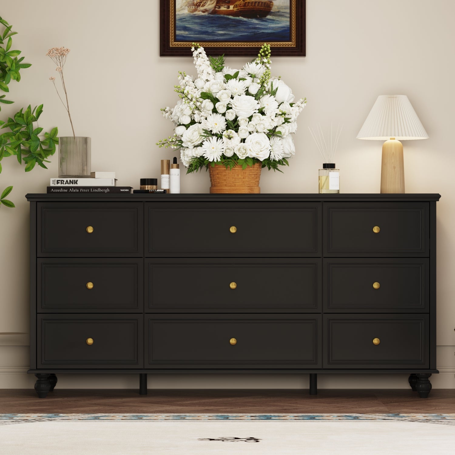 Modern 9-Drawer Triple Dresser White Finish Wide Storage Chest Sideboard for Living Room Bedroom