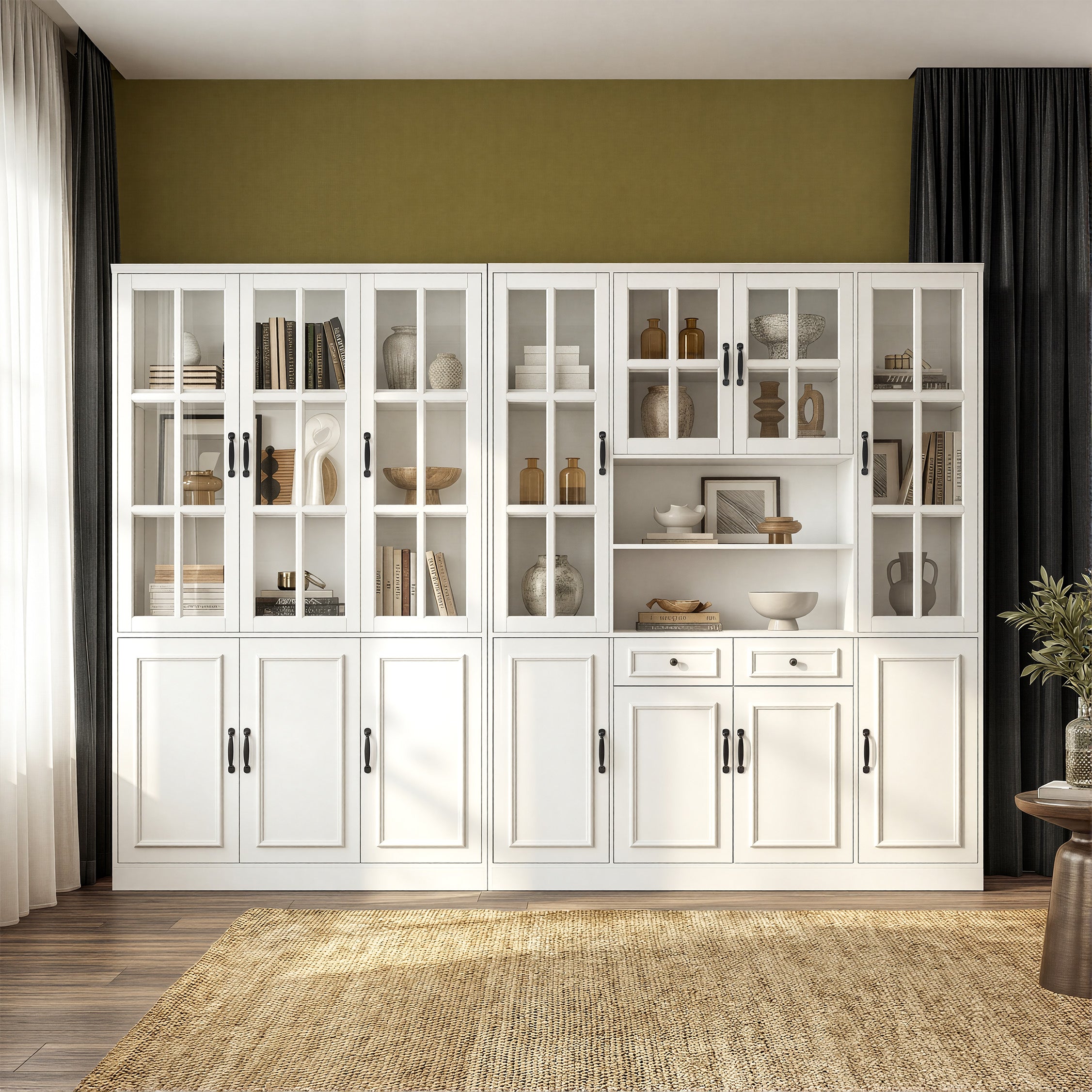 110 inch Elegant White Standard Storage Bookcase with Glass Doors and Shelves