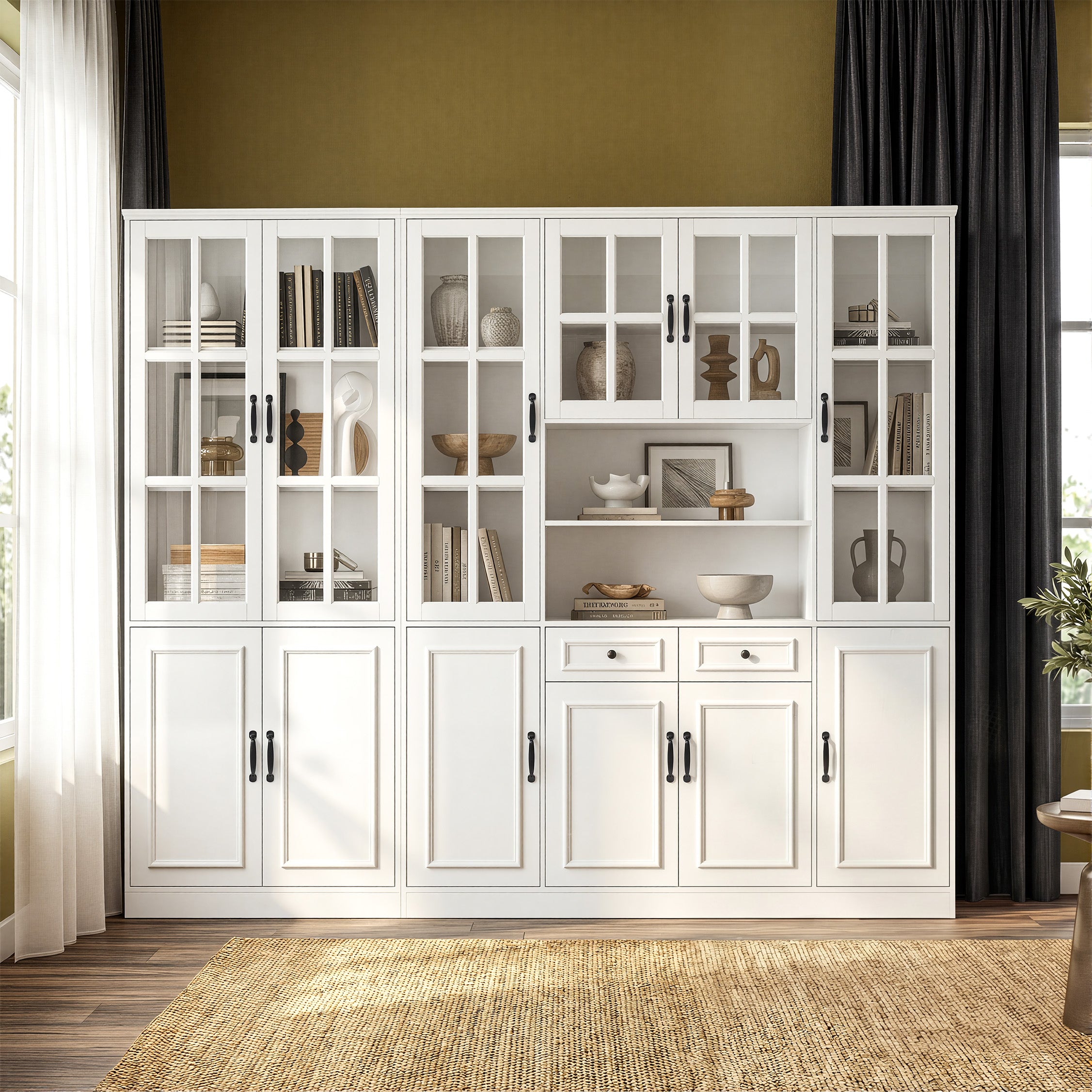 31.5 inch Modern White Tall Display Bookcase with 6 Tiers & Gold Arched Handles