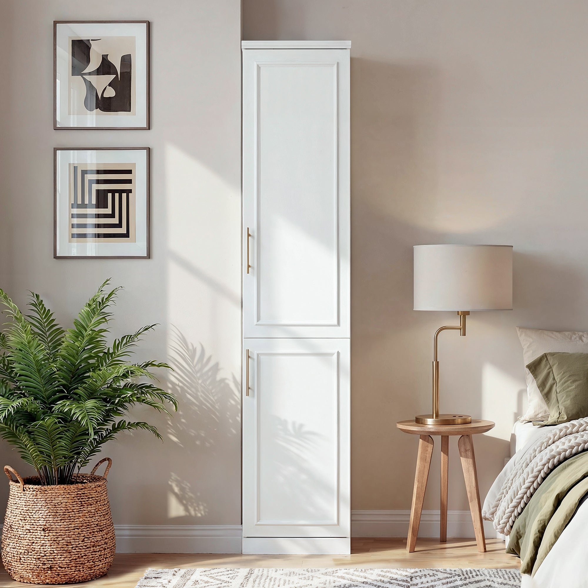 Compact Wardrobe With Dual Doors, Space-Saving Design With Golden Handles And Multiple Storage Sections