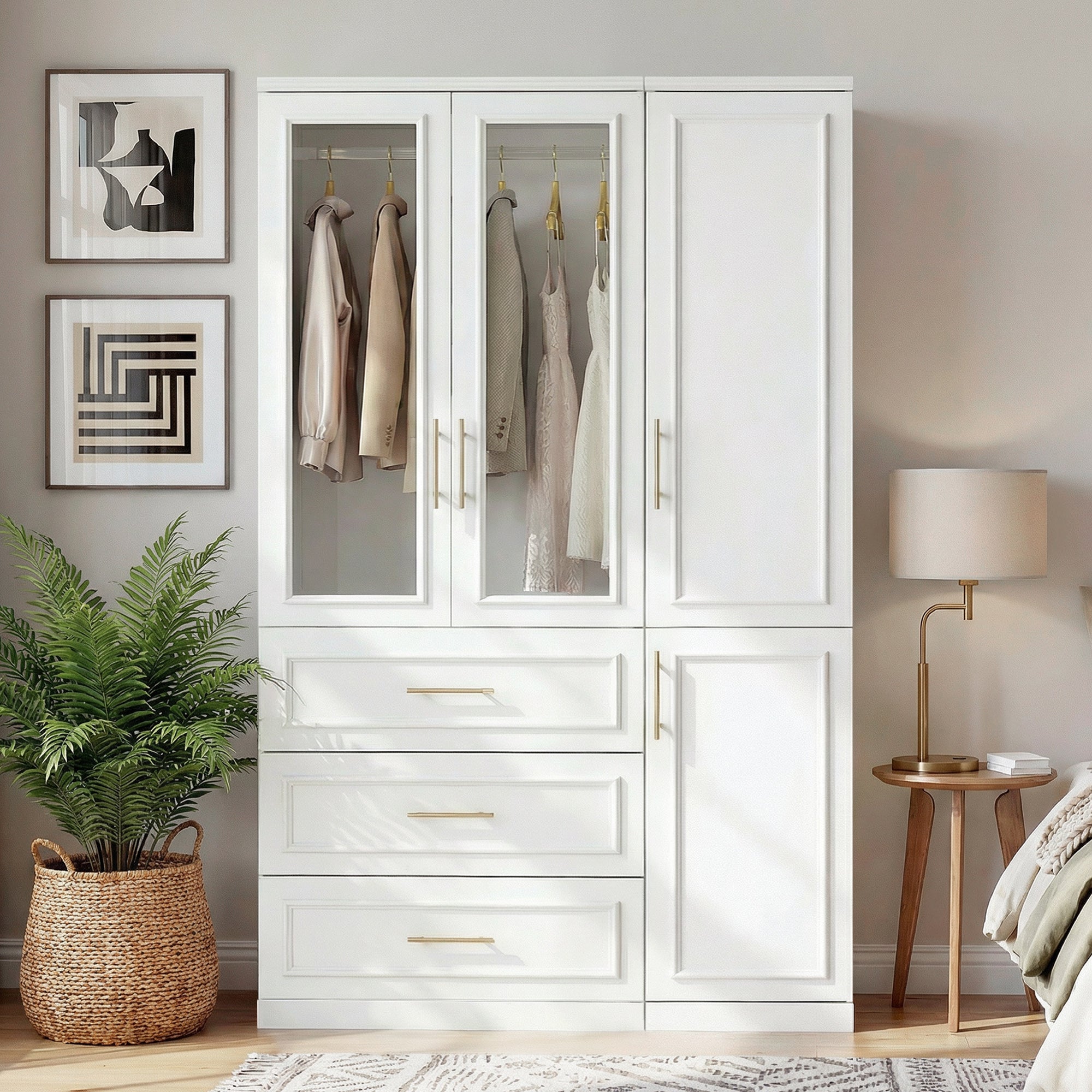 74.9"H Bedroom Armoire with Glass Doors, 3 Drawers & Hanging Rod for Organized Clothing Storage