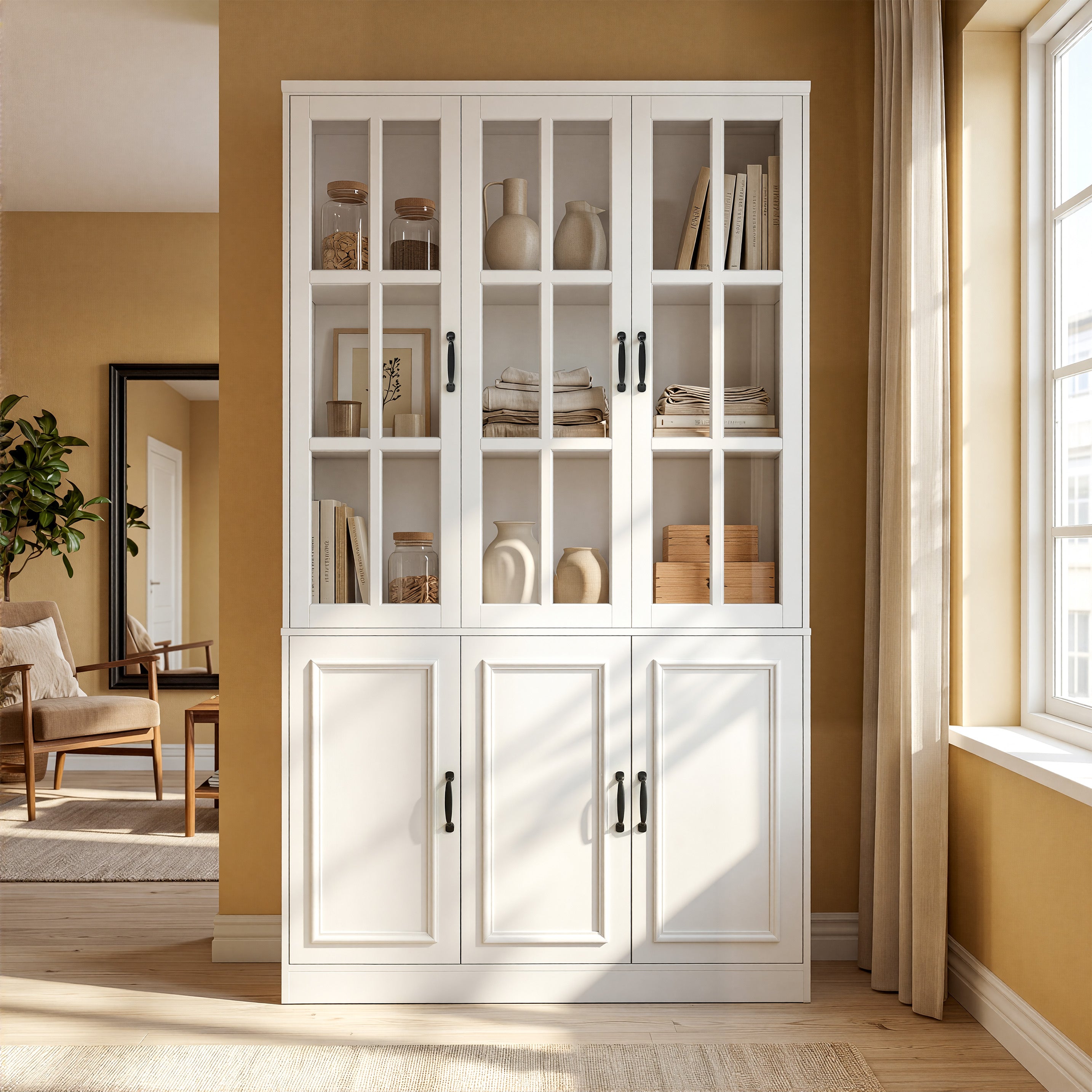 47.2 inches Modern White Freestanding Wood Bookcase with 3 Glass Doors