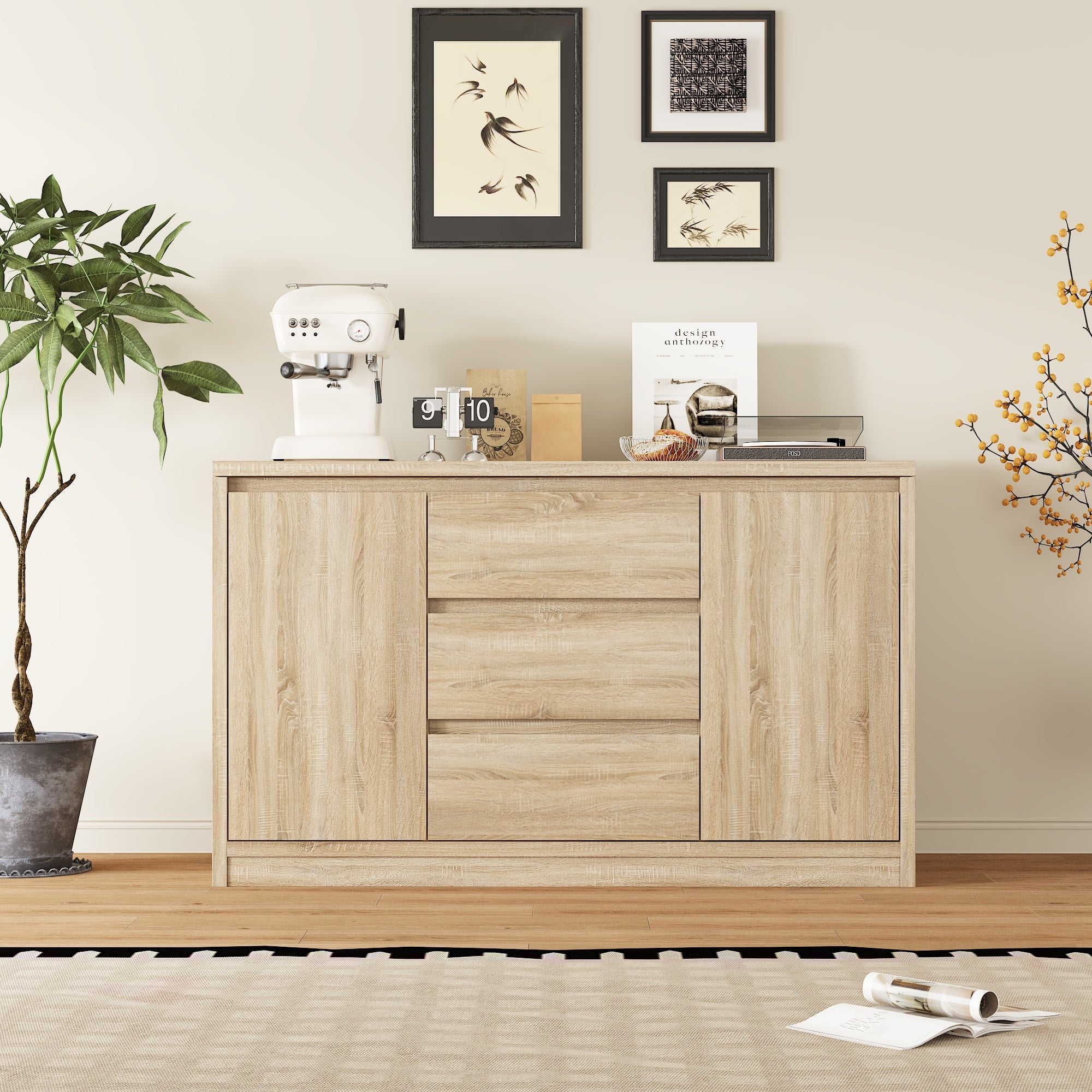Wooden sideboard with kitchen appliances and decor items in a room setting