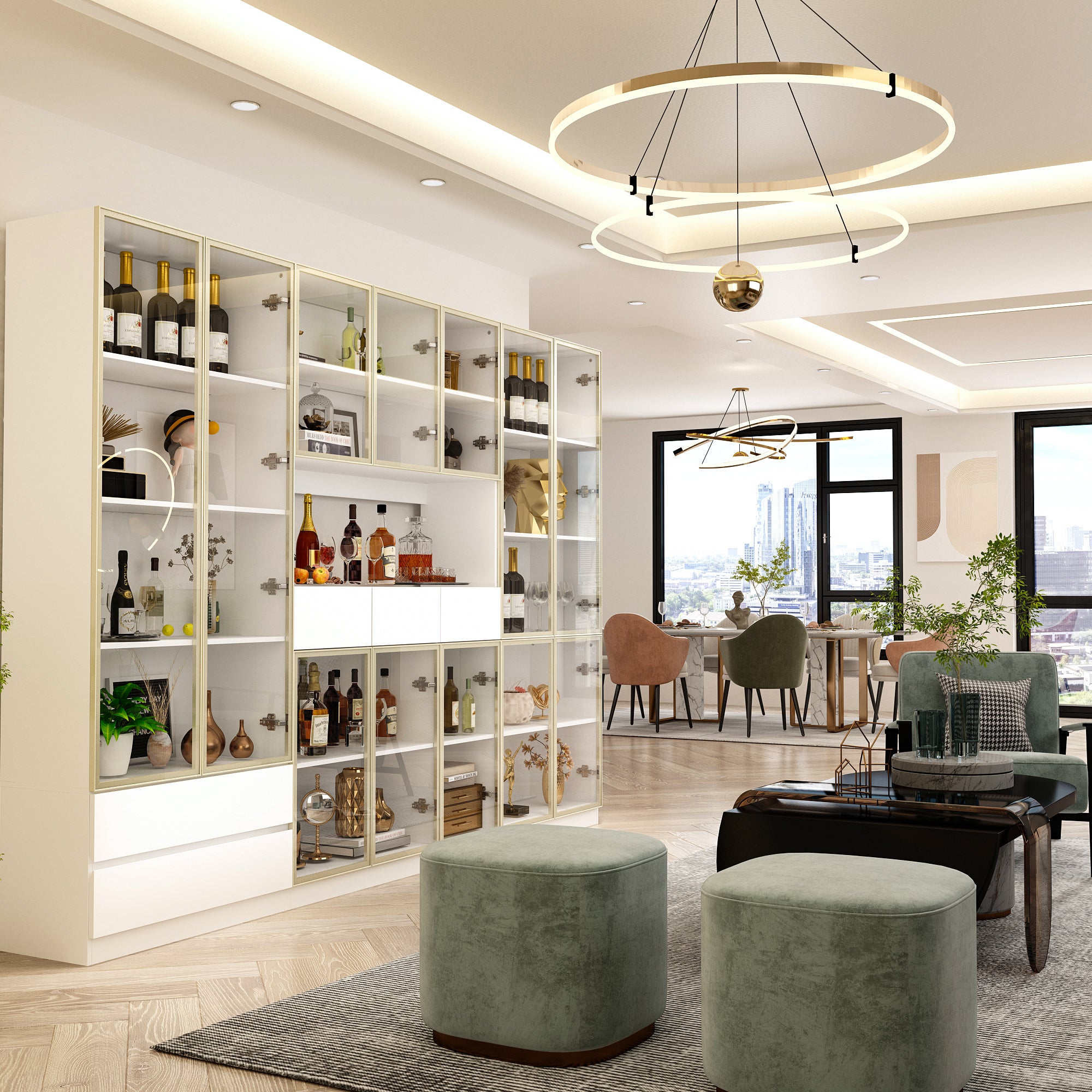 78.7'' H x 110 '' W Combination Bookcase Display Cabinet With Glass Doors & LED Lights