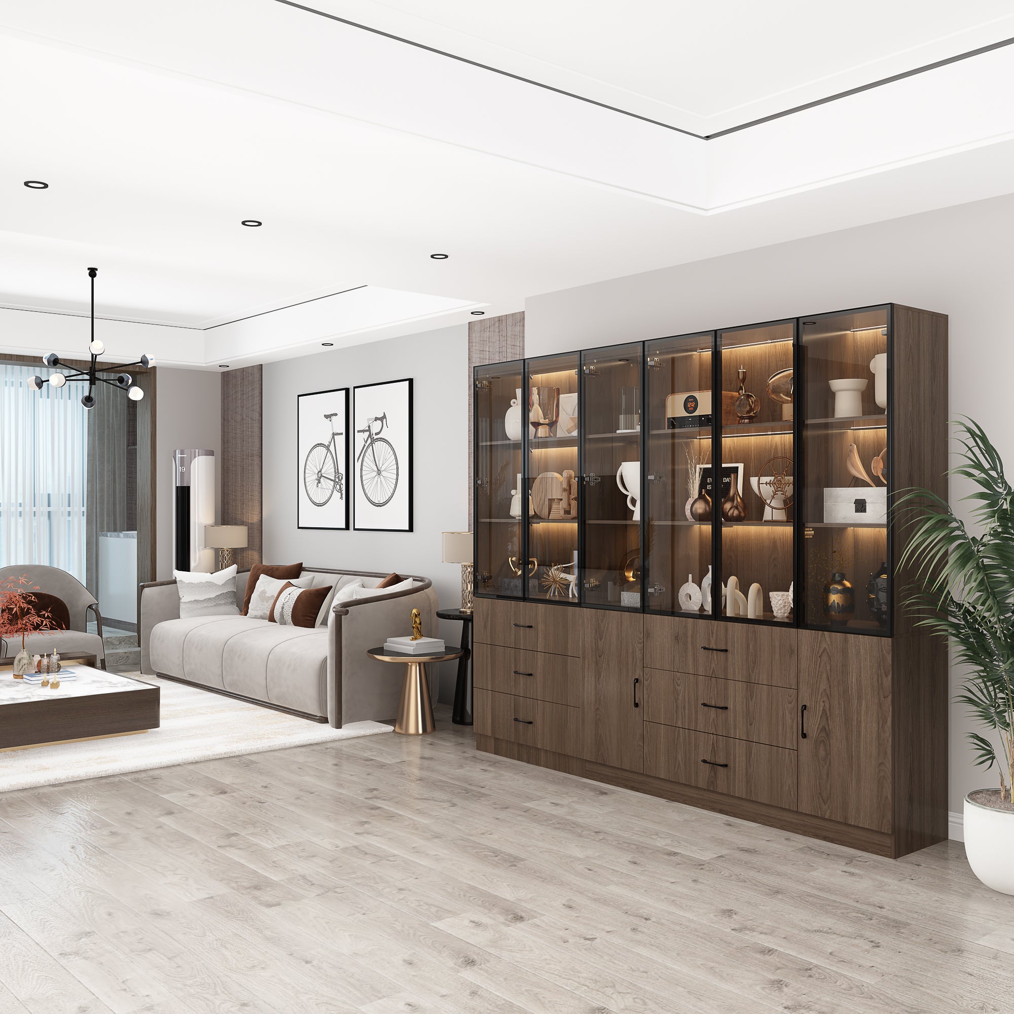 94.4" Wide Glass Door & LED Lights Display Case Curio Cabinet