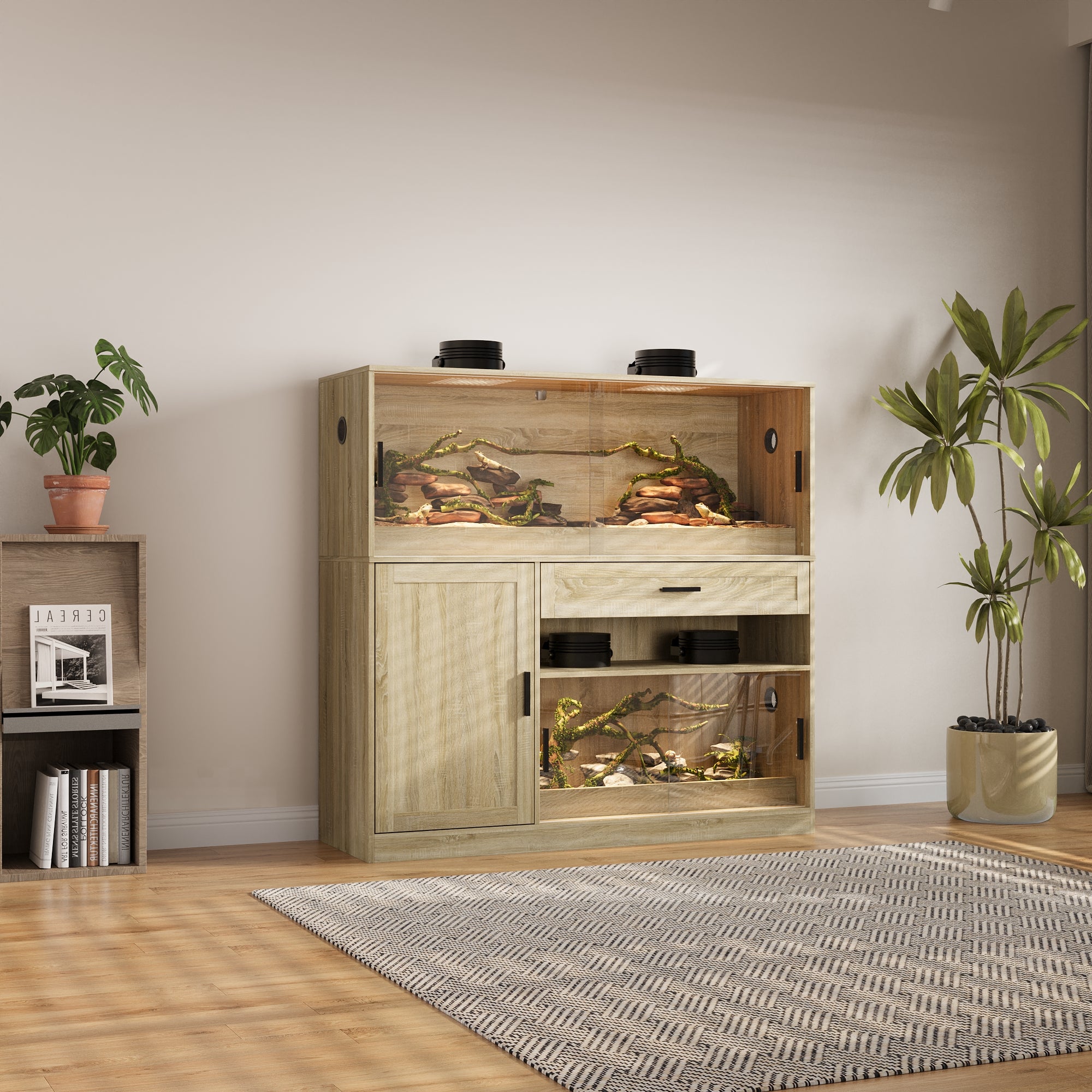 Dual-Zone Reptile Terrarium With Tempered Glass & Storage Cabinet
