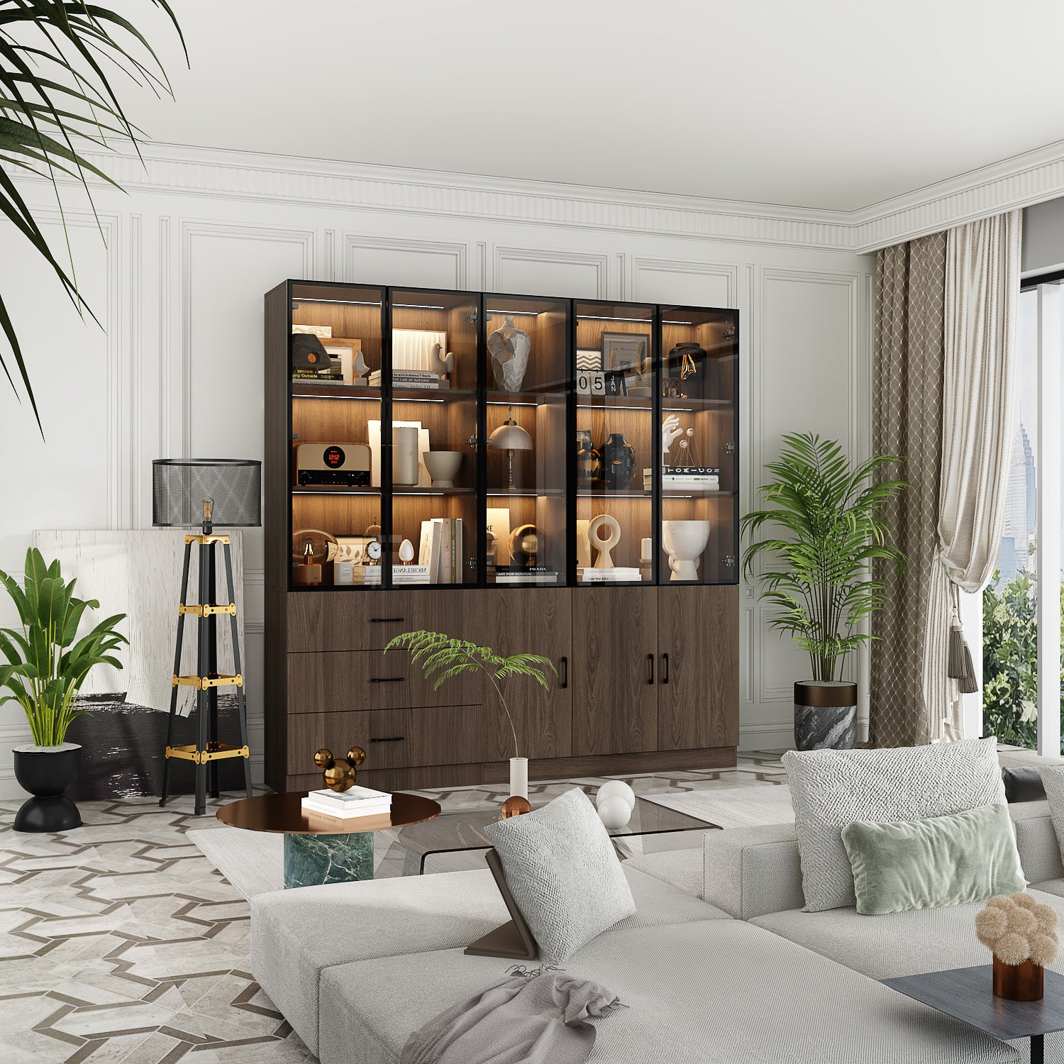 78.7" Wide Glass Door Display Case Curio Cabinet With LED Lights