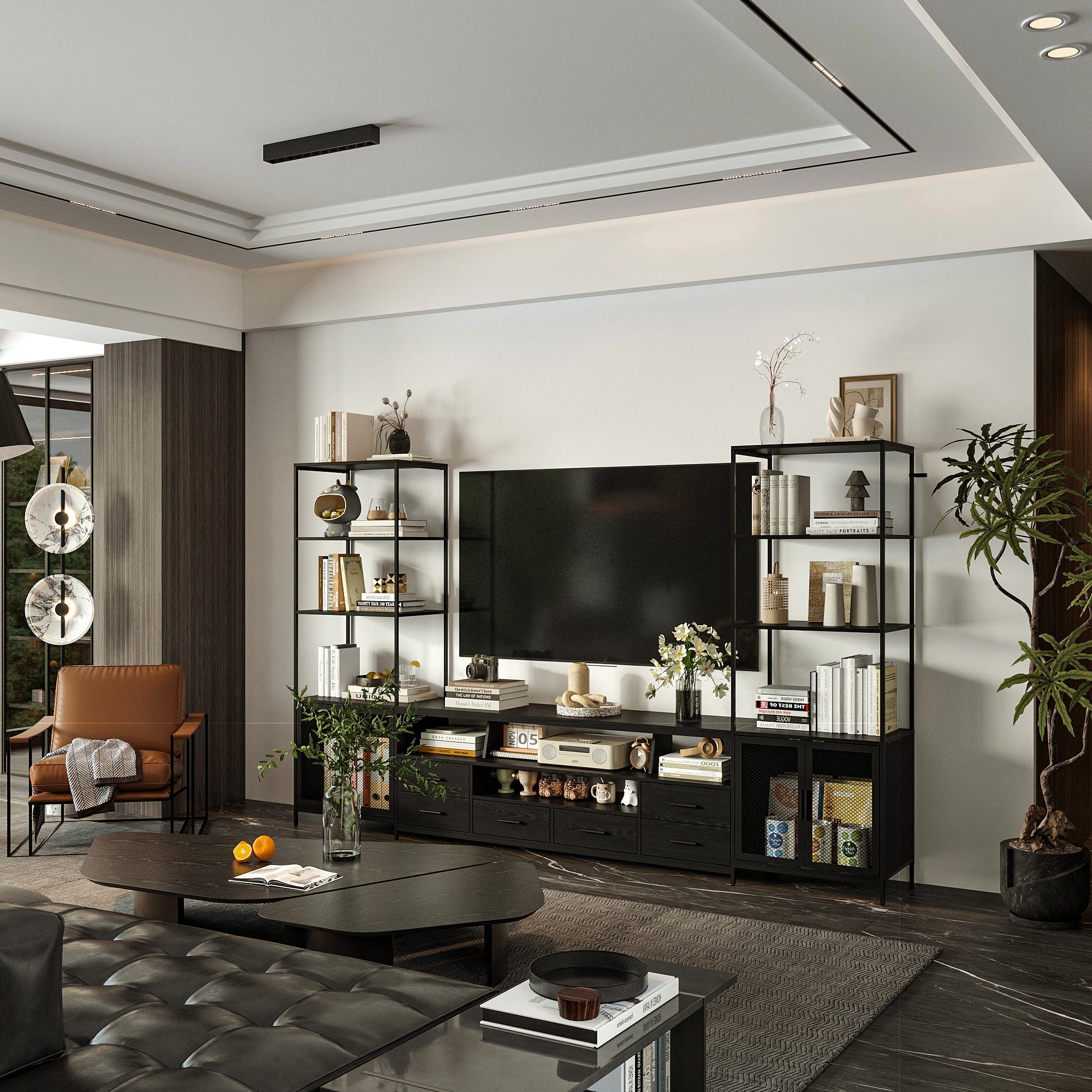 Stylish Black TV Stand Entertainment Center: Modern Design with Ample Storage Space