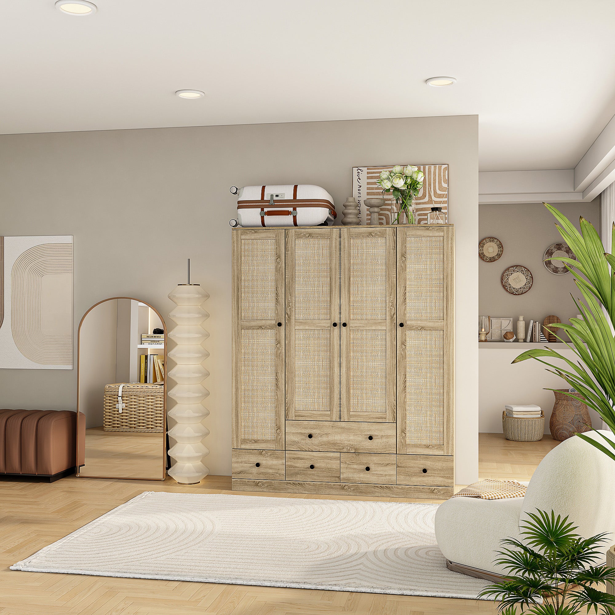 Rustic Four-Door Wardrobe With Rattan Paneling And Six-Drawer Storage