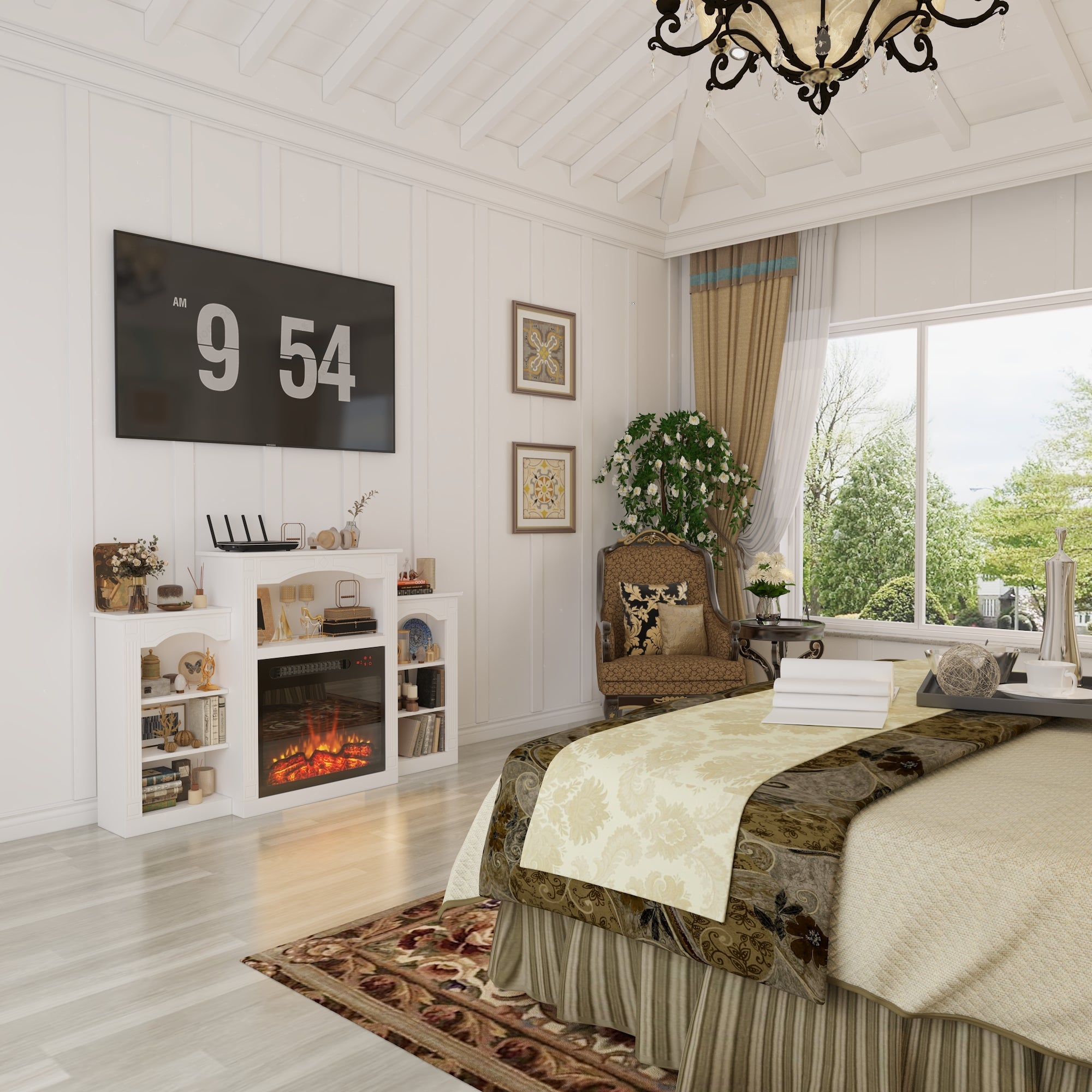 59'' W White Fireplace Heater TV Stand With Open Shelves & Timer