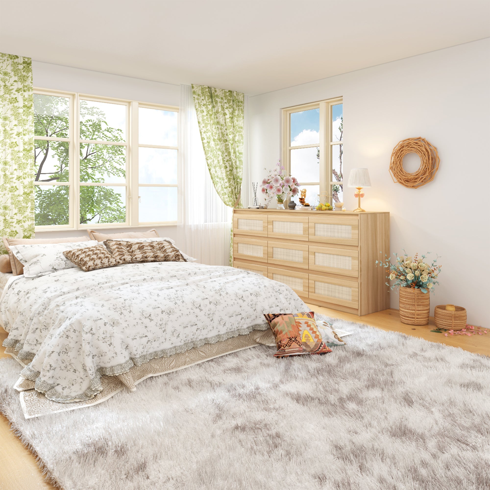 62.9" Wide 9 Drawers Medium Wood Dresser