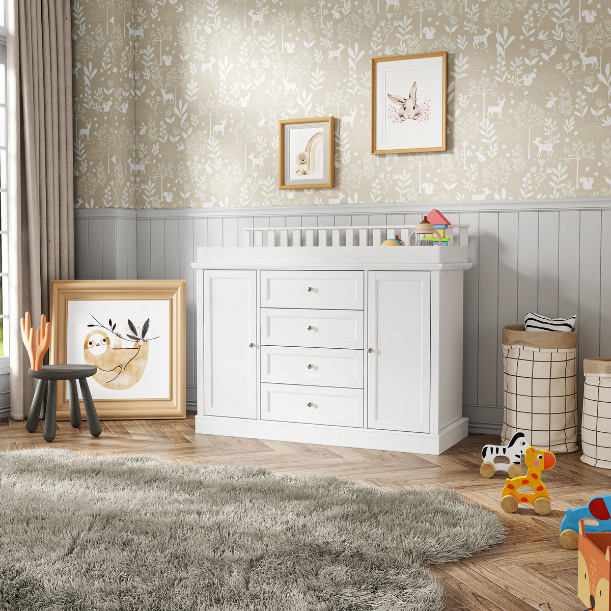 47.2 inch White Changing Table Dresser with 2 Cabinets, 4 Drawers & Removable Changing Top