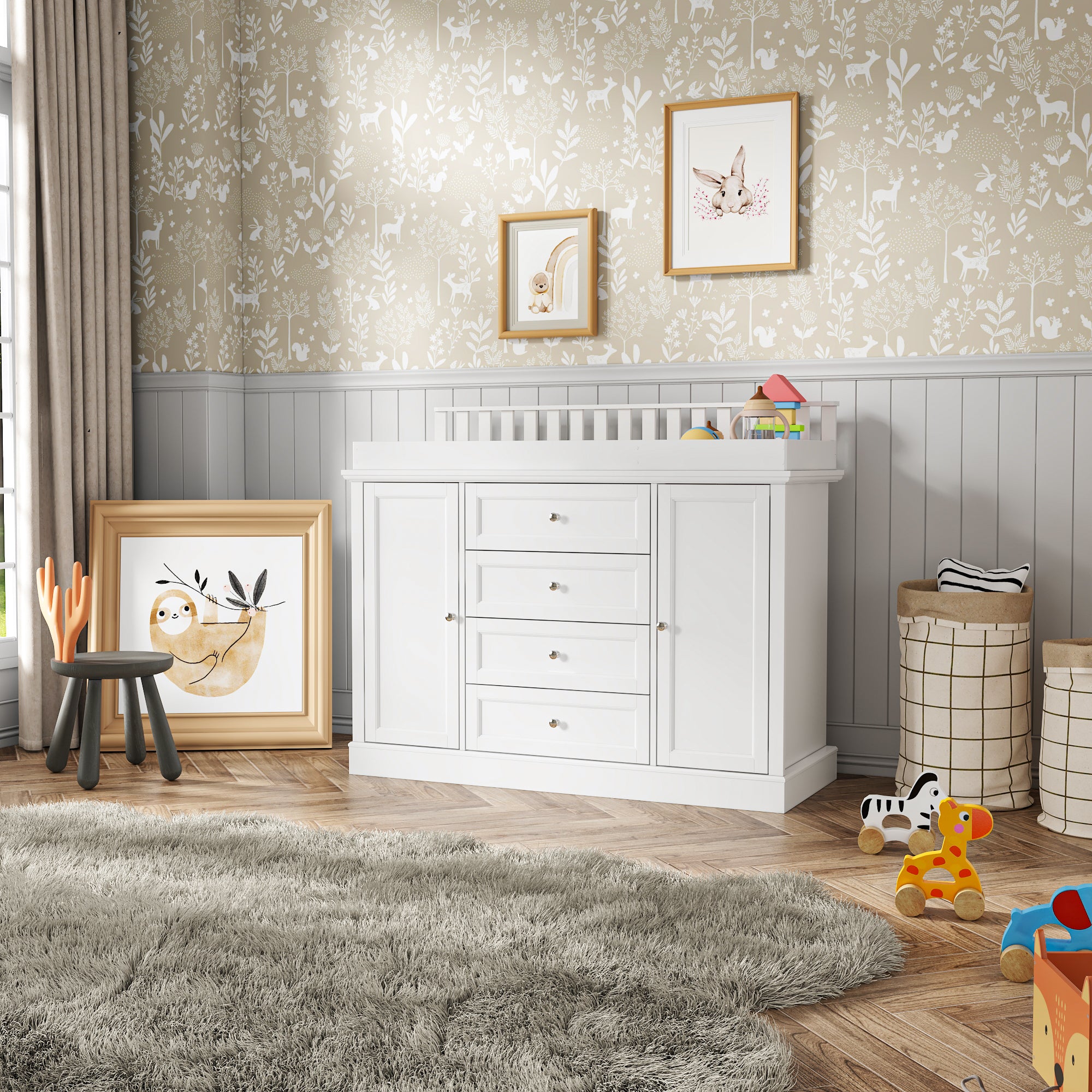 47.2" Wide White Changing Table Dresser With 2 Cabinets & 4 Drawers