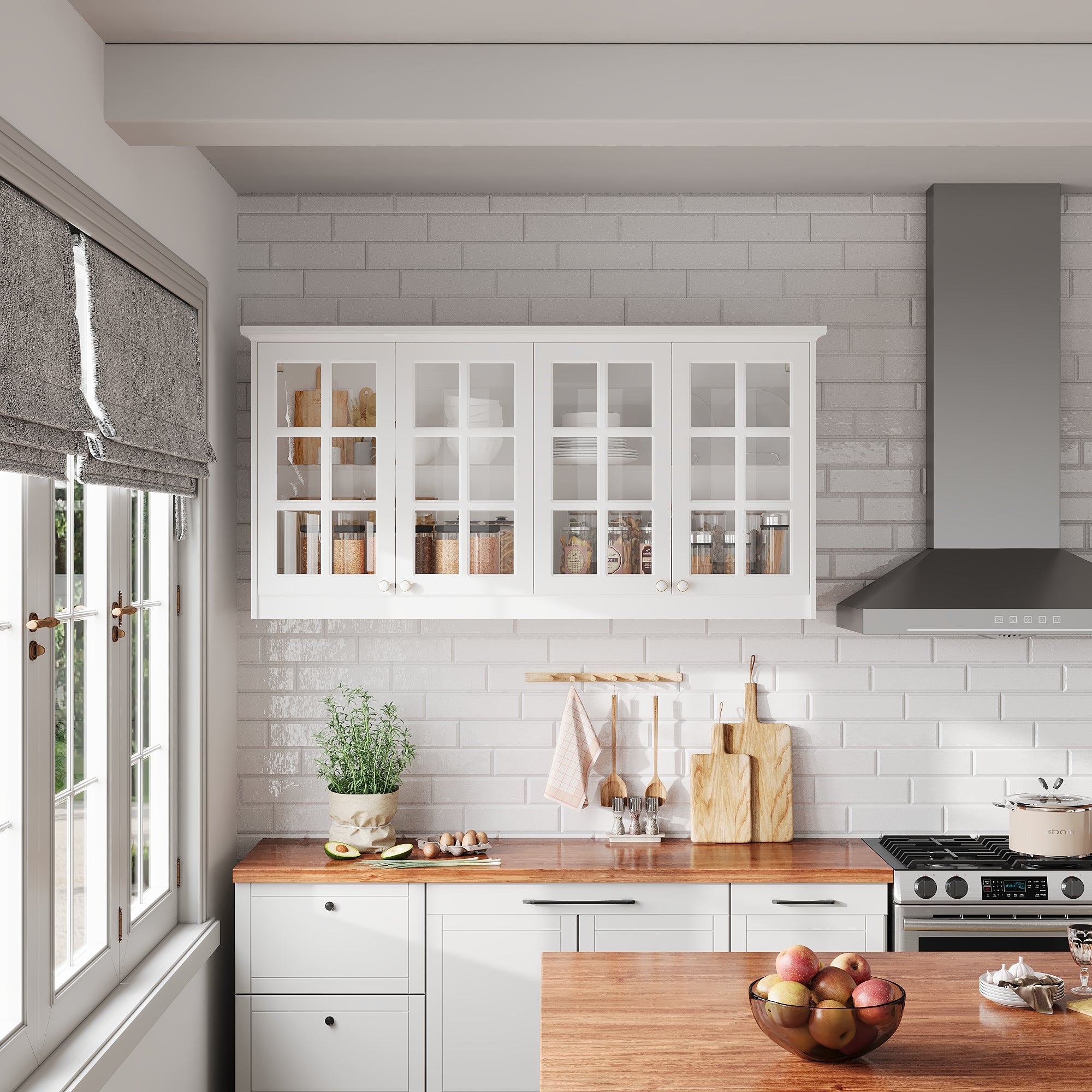 63.4 inch Modern White Wall Mounted Kitchen Cabinet with 4 Glass Doors