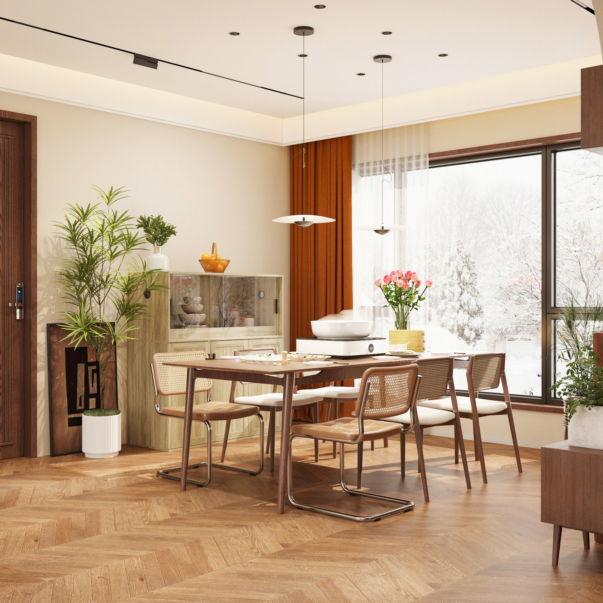 47.2 inch Modern Natural Wood Food Pantry Cabinet with Sliding Glass Doors & Ventilated Design