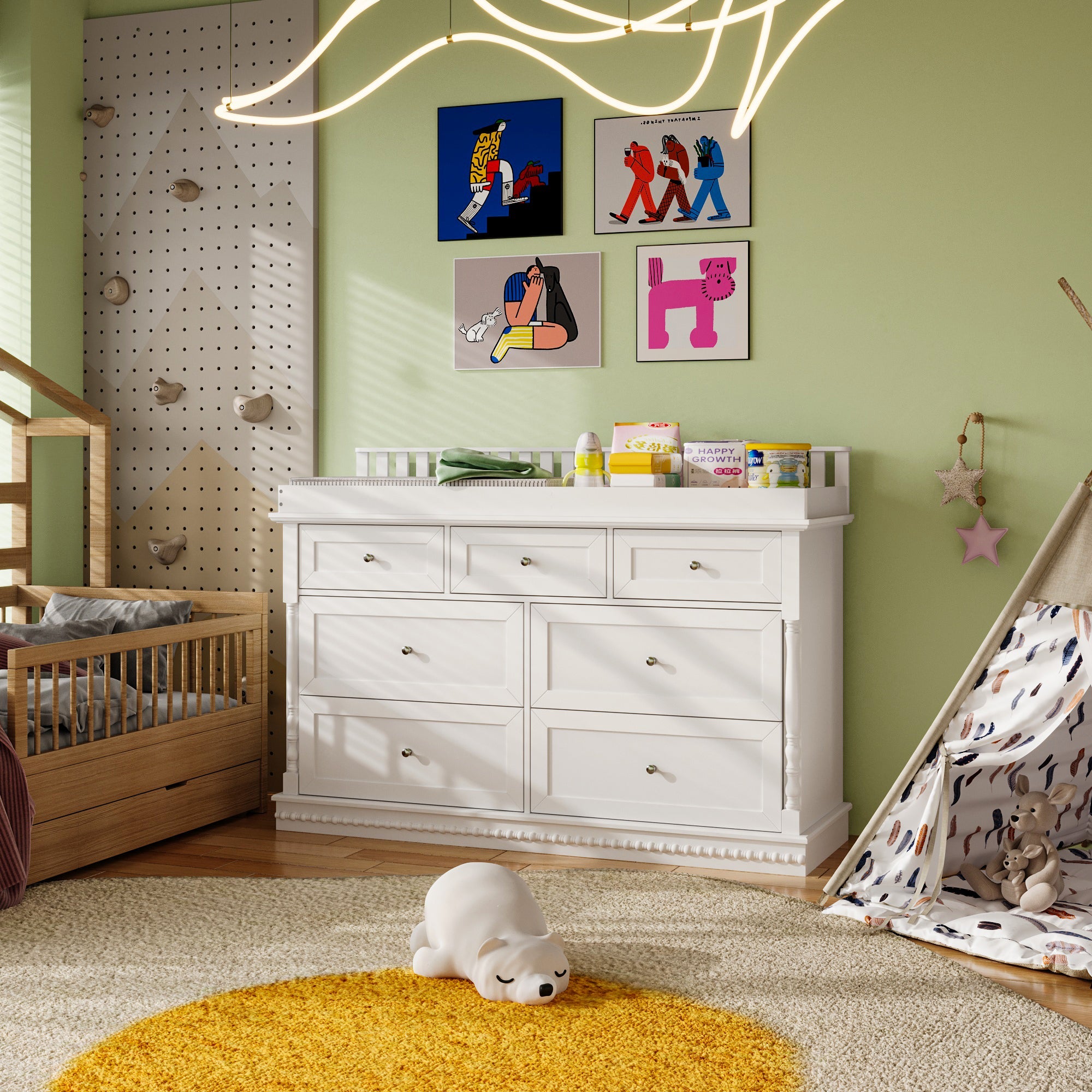 Chest Nursery Dresser Changing Table Top – 7-Drawer Baby Storage Organizer for Diapers and Clothes