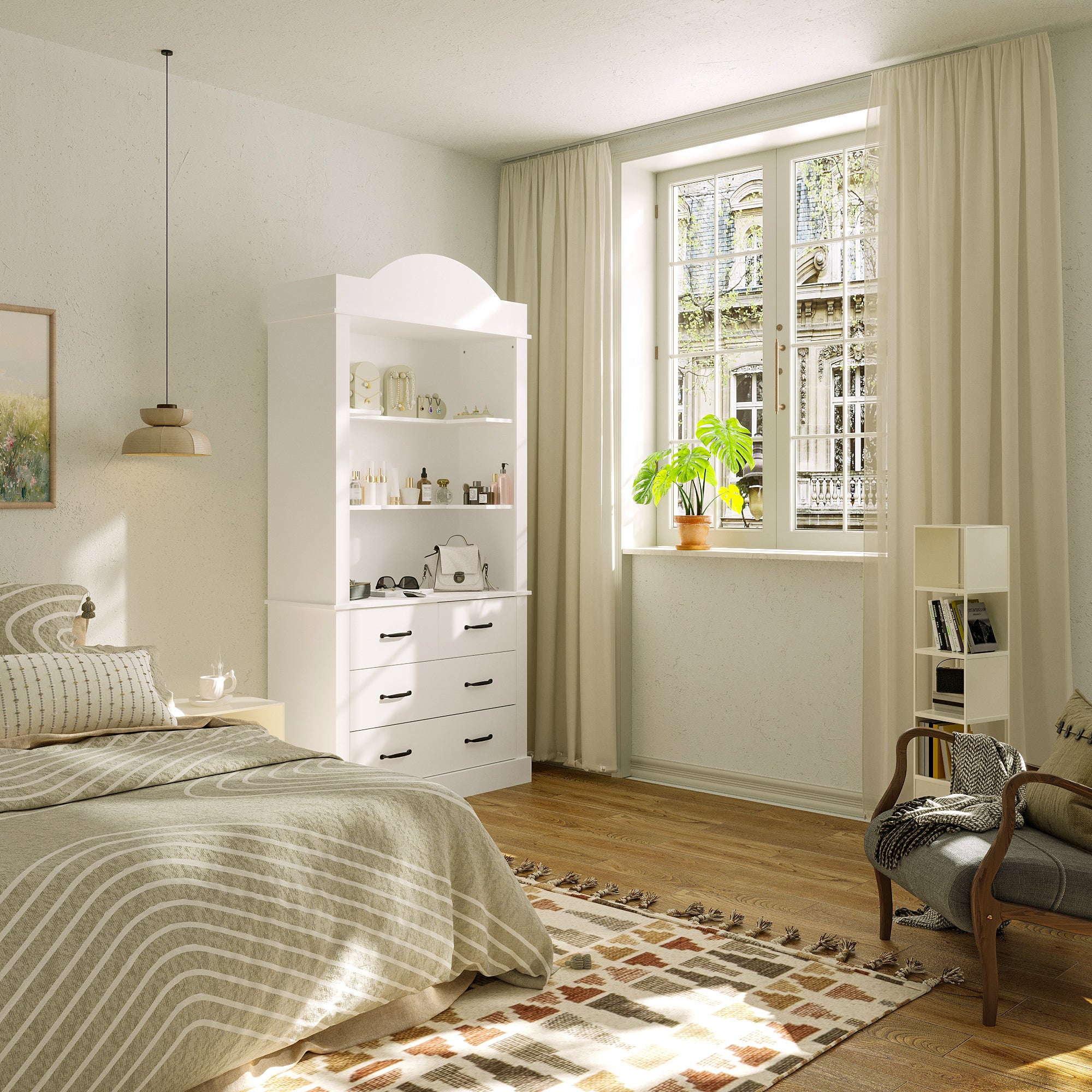 Modern bedroom with white furniture, wooden floor, and large window.