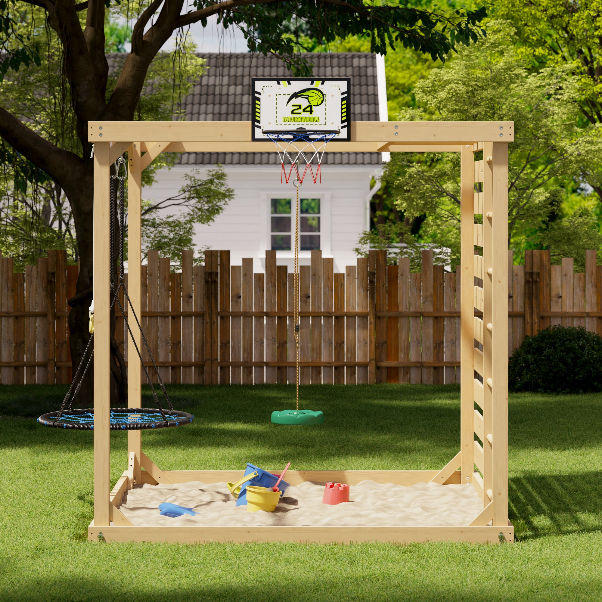 78.7" 8-in-1 Solid Wood Outdoor Playset with Swings, Climbing Wall and Basketball Hoop