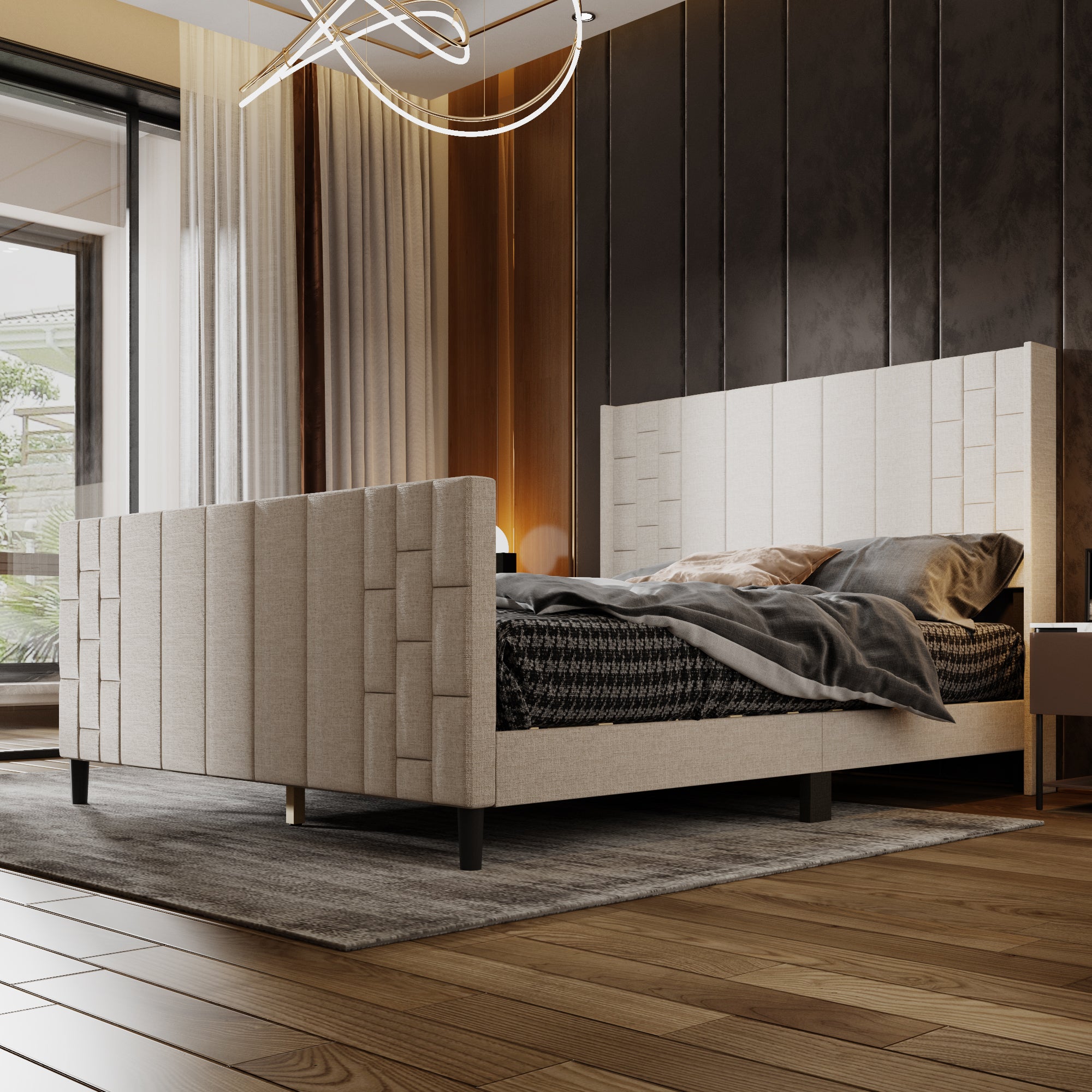 Modern Upholstered Platform Bed Frame With USB Ports, Tufted Polyester Headboard And MDF Slat Support – Mattress Not Included