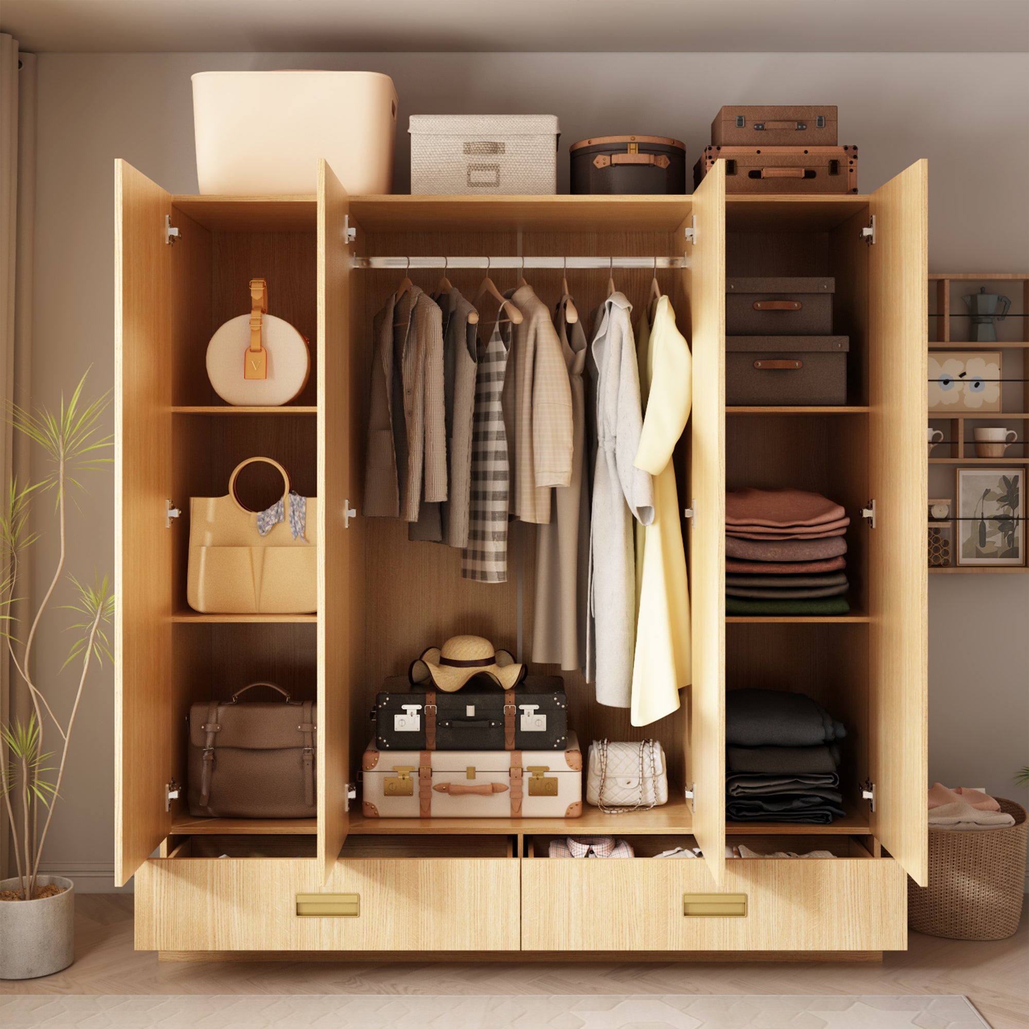Wooden wardrobe with clothes, bags, and suitcases inside a room.