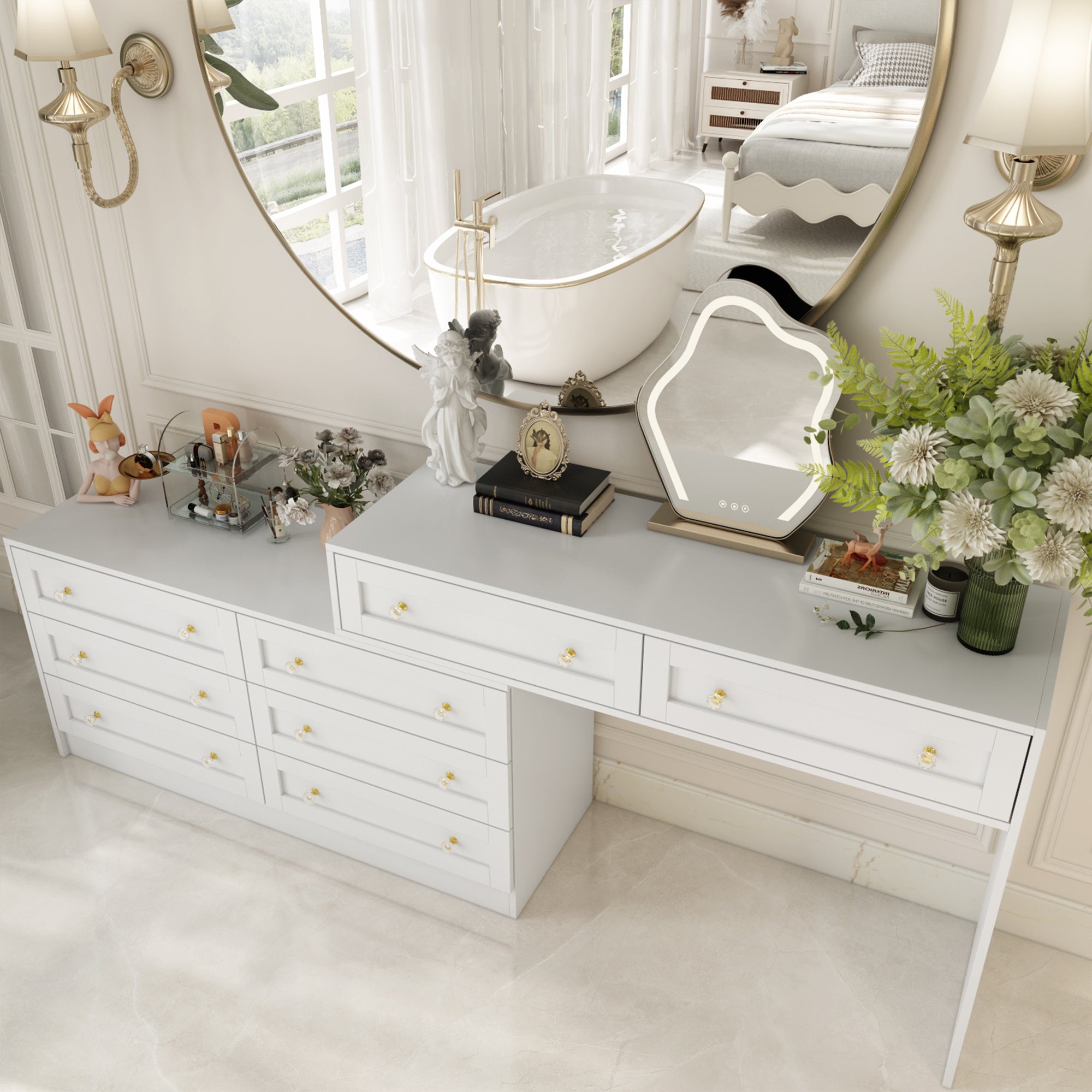 95 inches Modern Glam White Dresser and Vanity With Lights And Versatile Storage