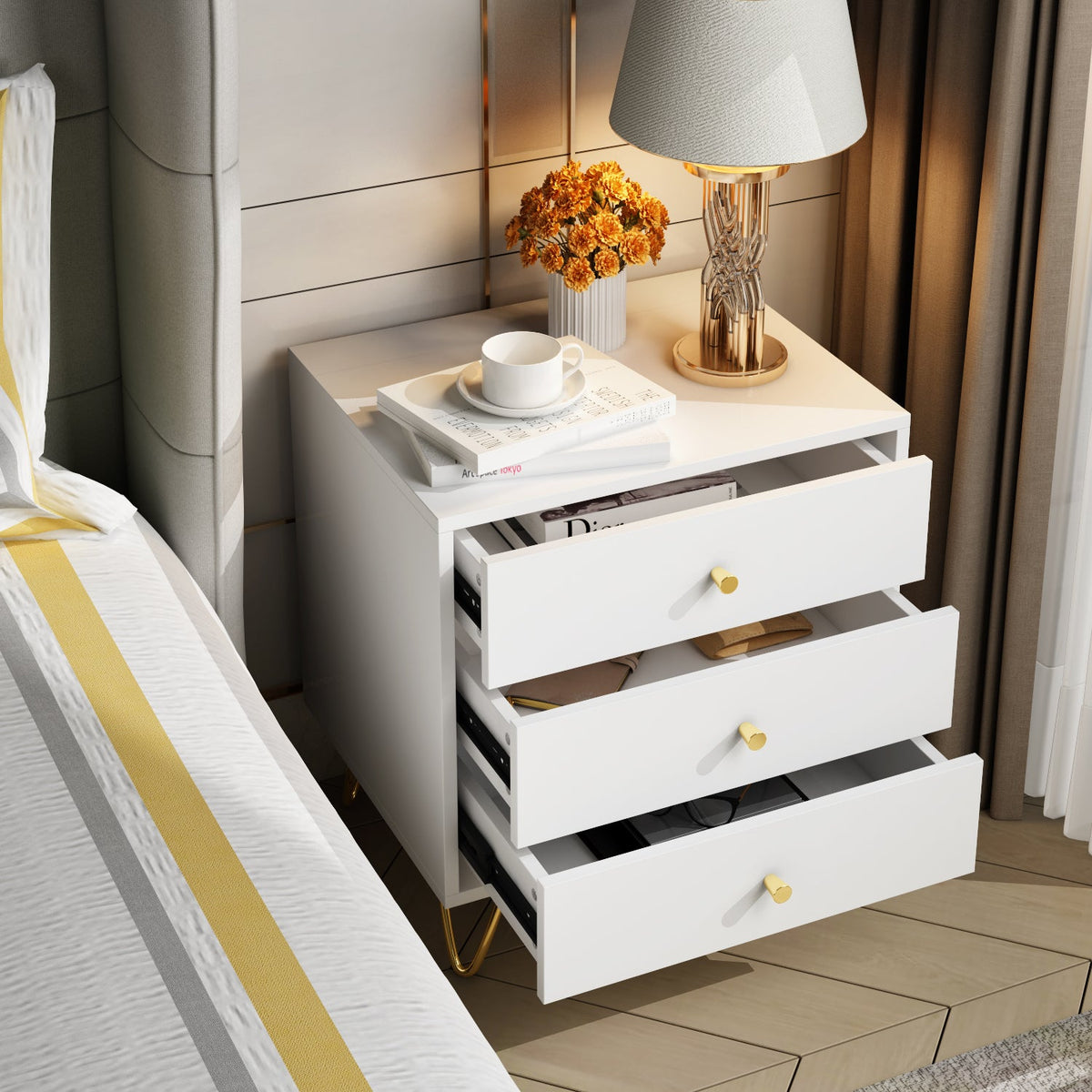Nightstand Modern Bedside Table with Solid Wood Legs Minimalist and Versatile End Side Table 3 Drawers