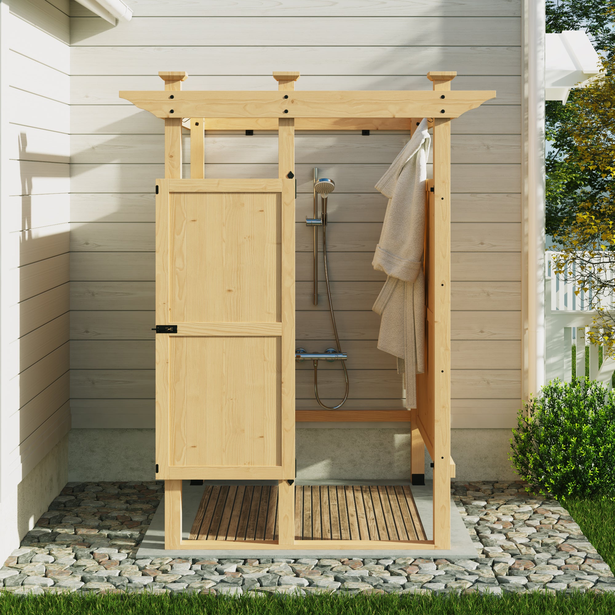 Wooden outdoor shower enclosure with a roof and doors, set against a house exterior