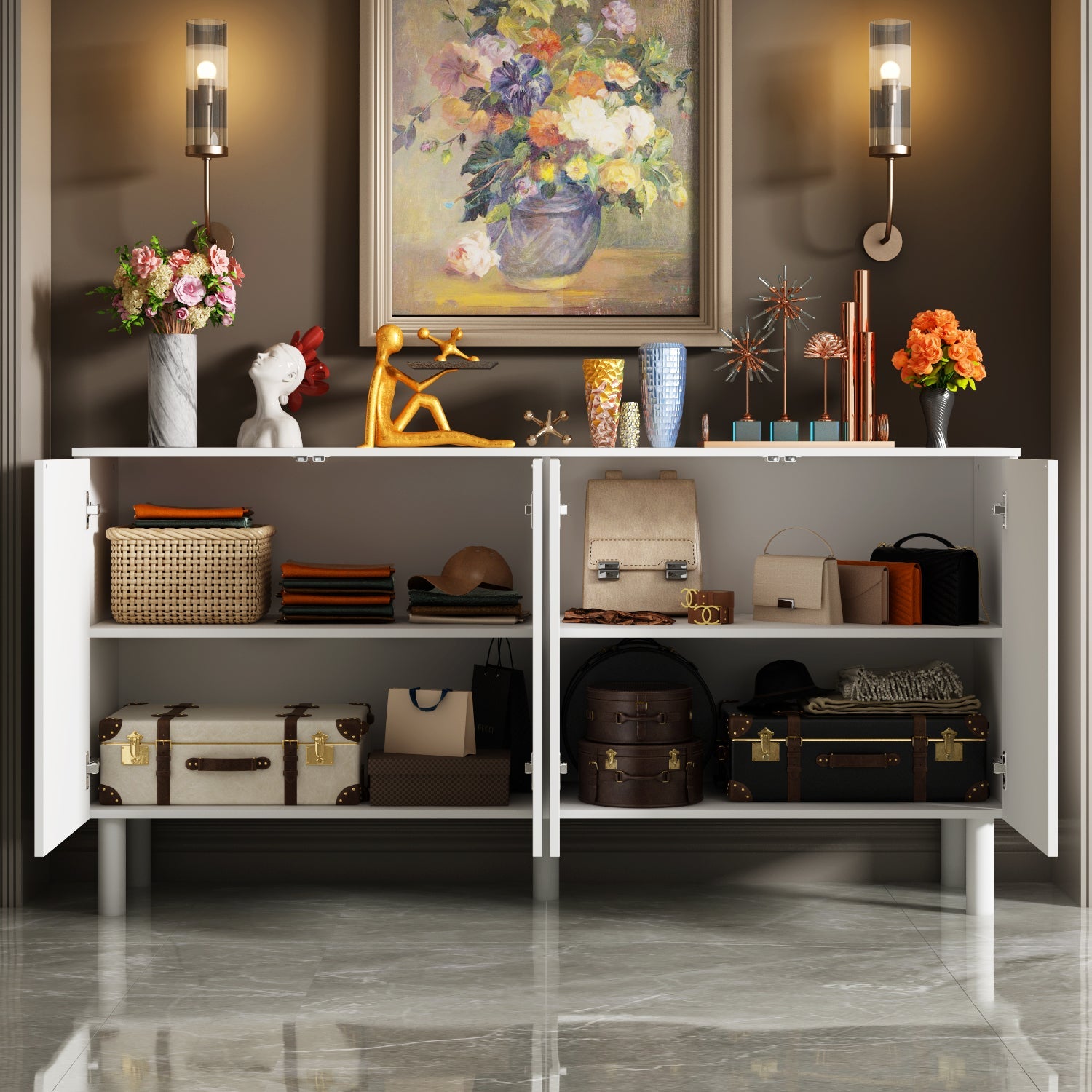 Sideboard Buffet Table Console Table in White Finish 4 U-Shaped Doors