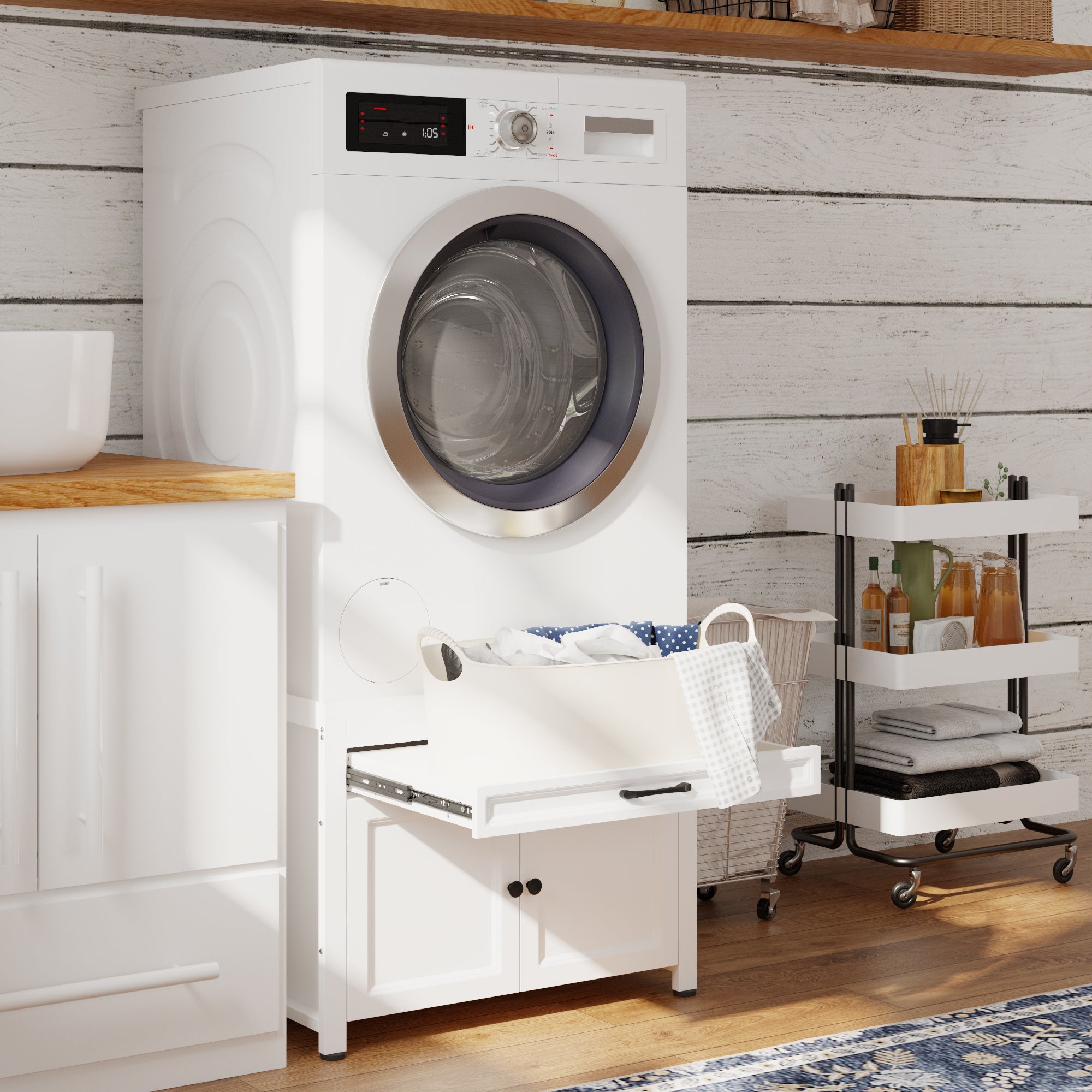 Universal Laundry Pedestal With Iron Frame, Drawer & Adjustable Feet – Fits Washer Or Dryer Up To 330 Lbs