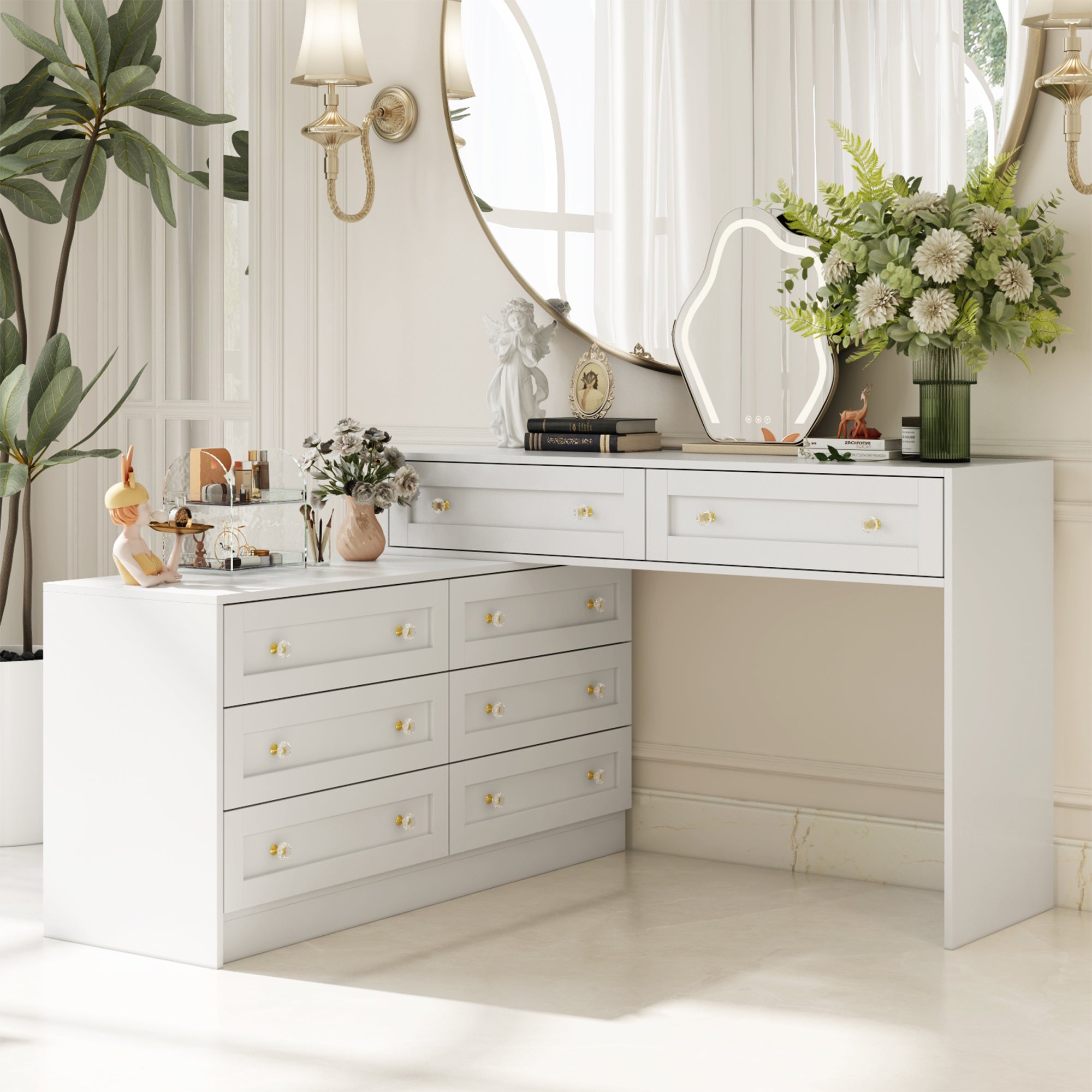 White Dresser and Vanity Versatile Storage Solution Crystal Desk