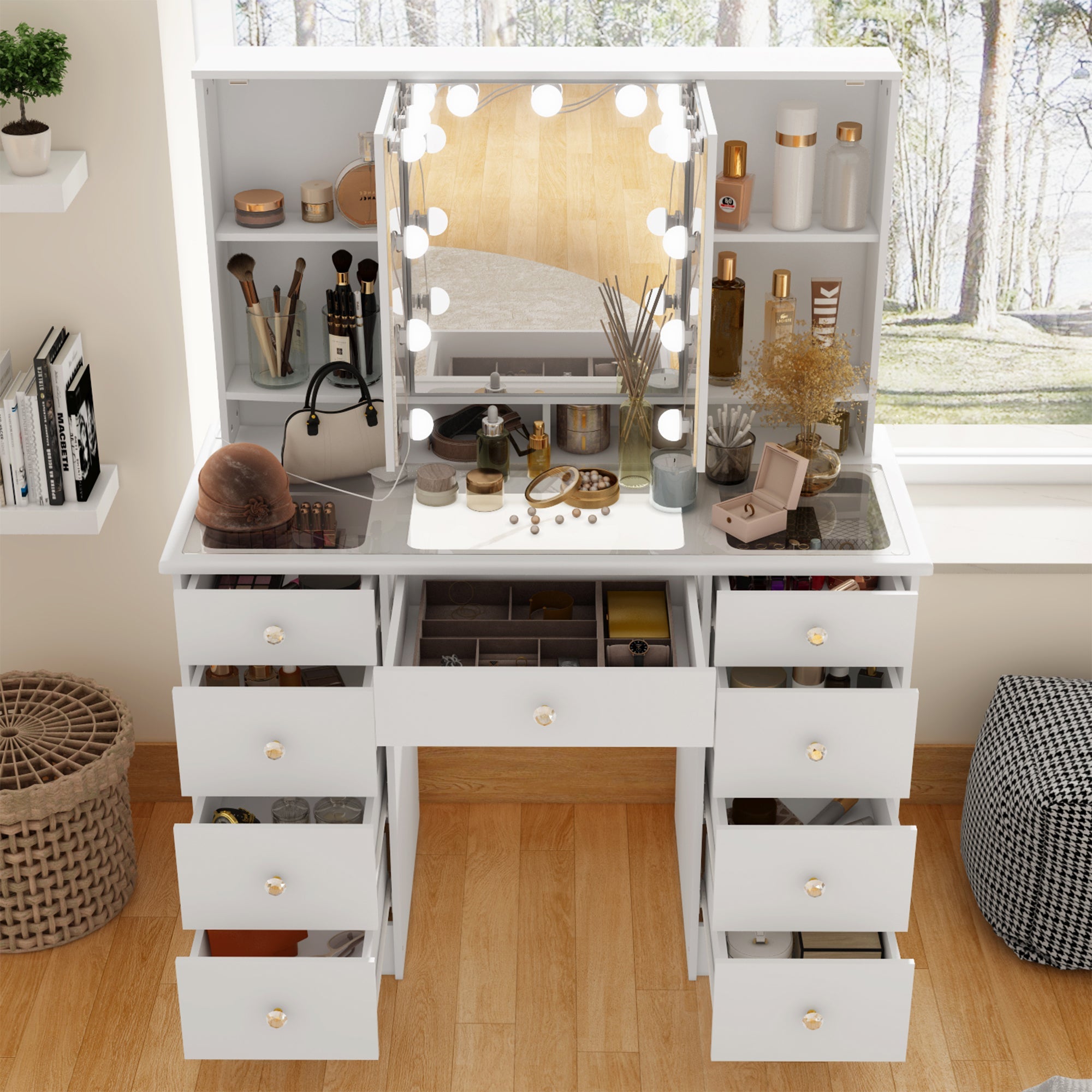 Home Makeup Dressing Table With A Transparent Tempered Glass Countertop