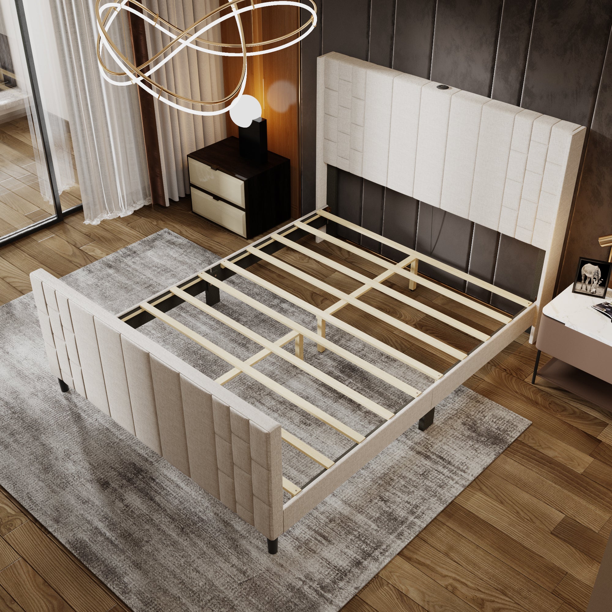 Modern Upholstered Platform Bed Frame With USB Ports, Tufted Polyester Headboard And MDF Slat Support – Mattress Not Included