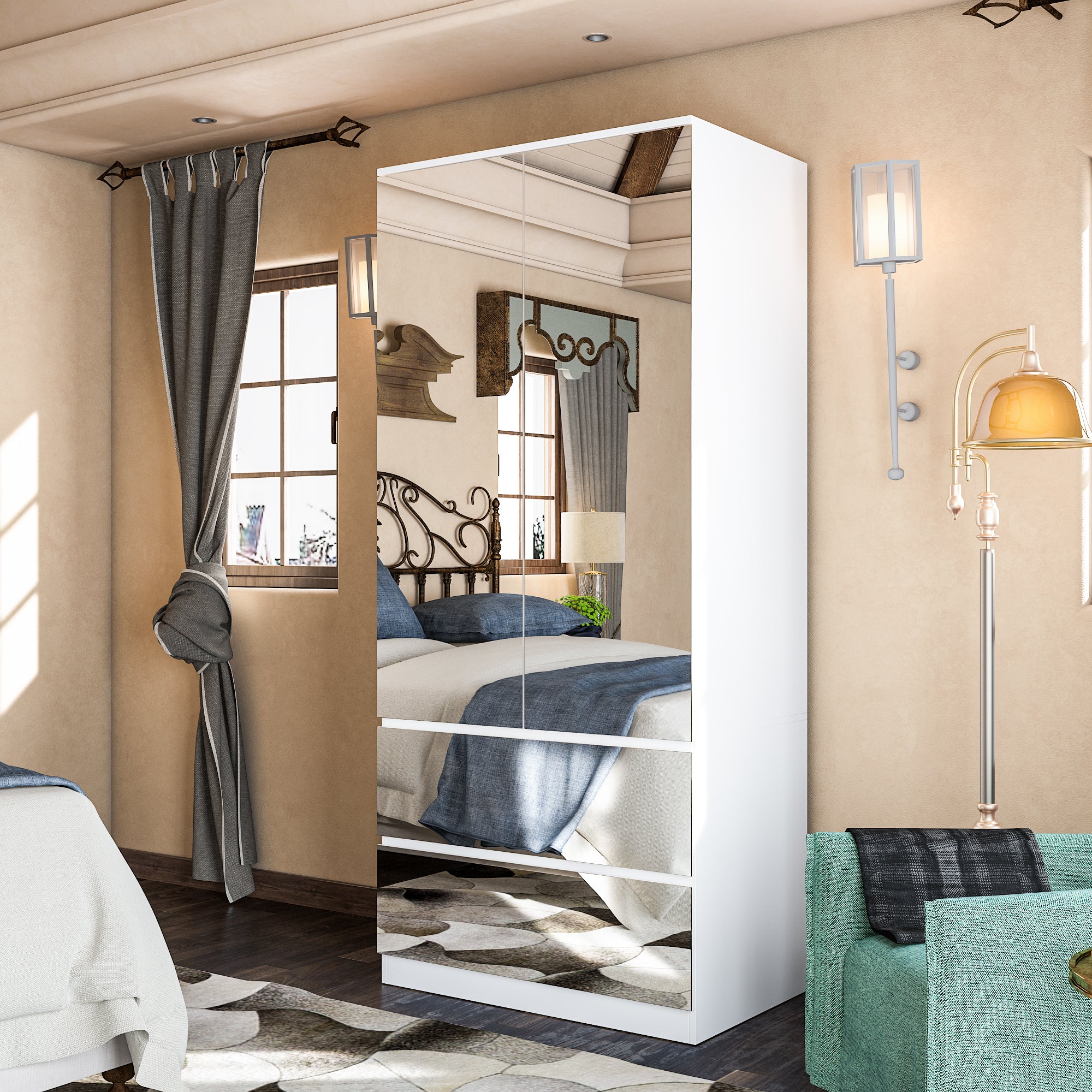 Modern Full-Length Mirrored Wardrobe With Multiple Drawers And Adjustable Shelving