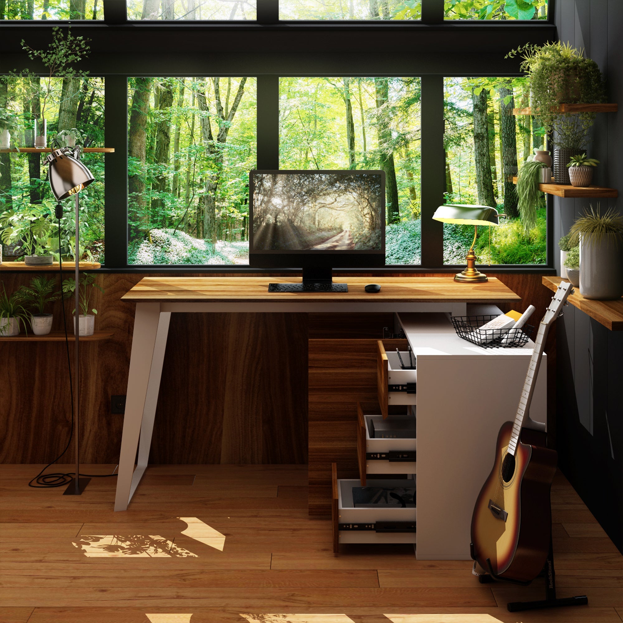 L-Shaped Corner Computer Desk with Drawers Brown Wood Grain