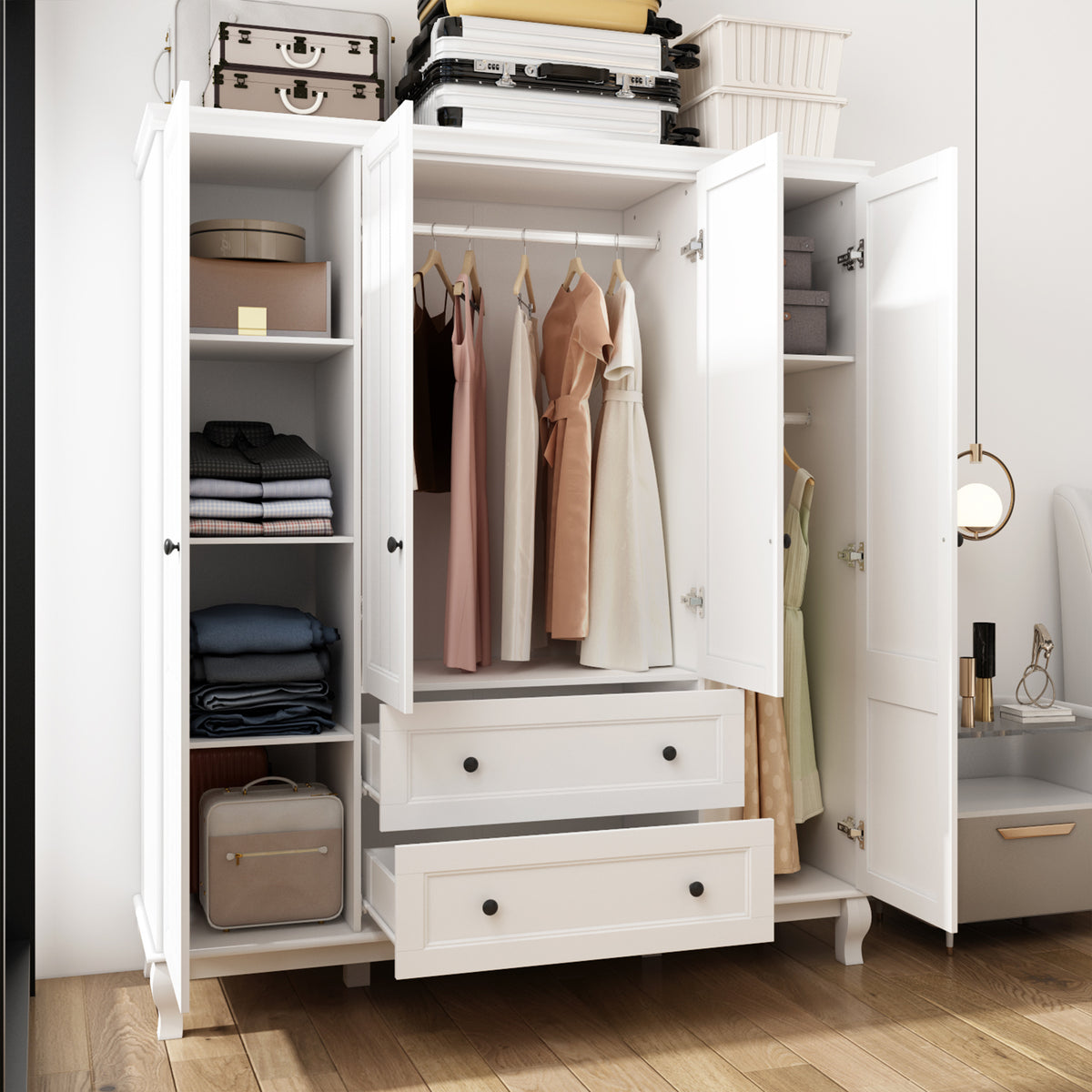 63 inches Modern Minimalist White Wardrobe Armoire with Storage Shelves and Drawers for Bedroom