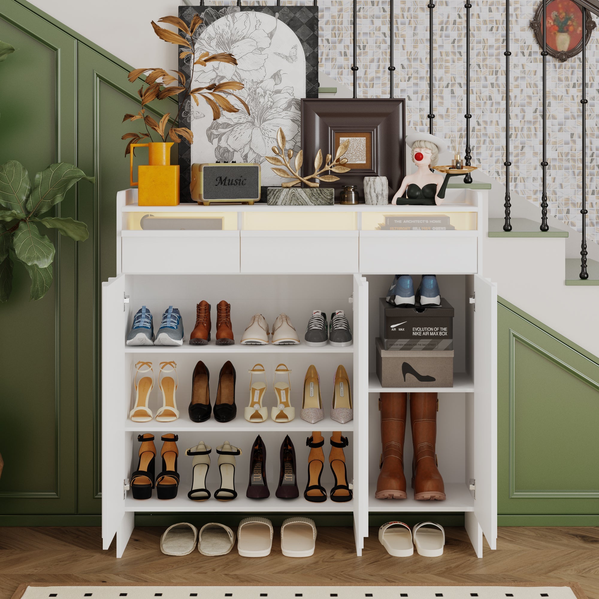 3-Drawer, 3-Door Shoe Cabinet With LED Light