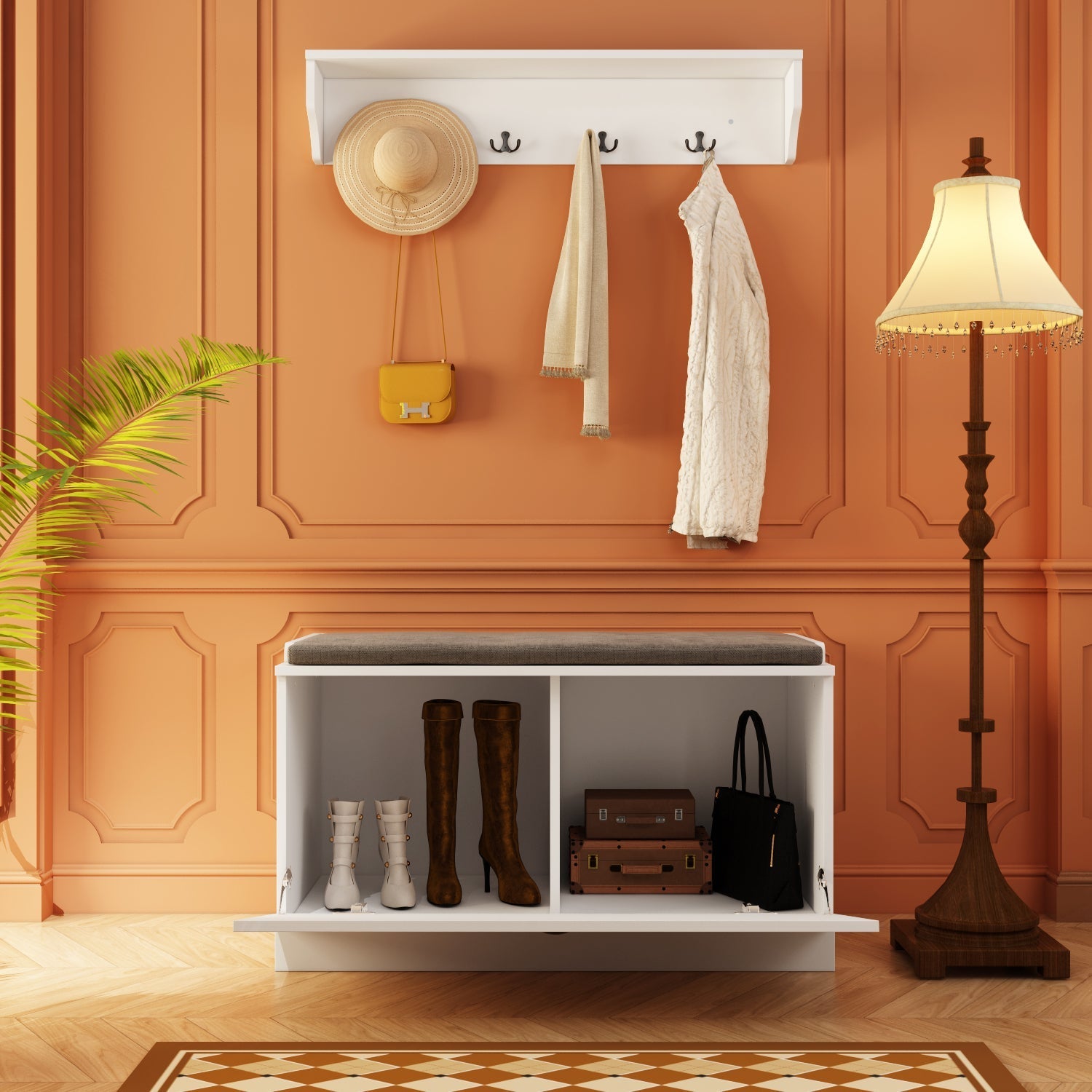 Hall Tree Shelf Rack Shoe Storage Coat Organizer Cabinet for Entryway in Combination