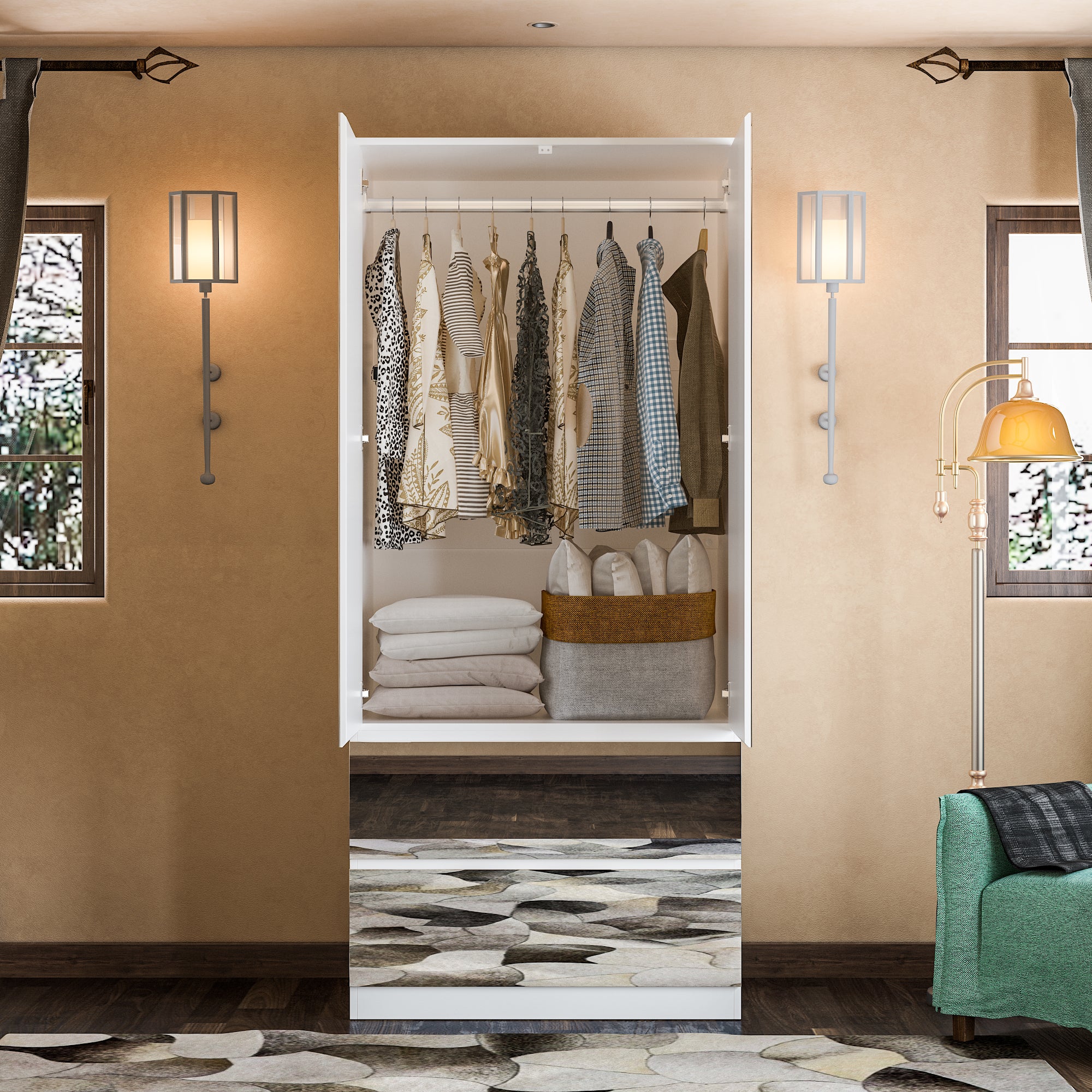 Modern Full-Length Mirrored Wardrobe With Multiple Drawers And Adjustable Shelving