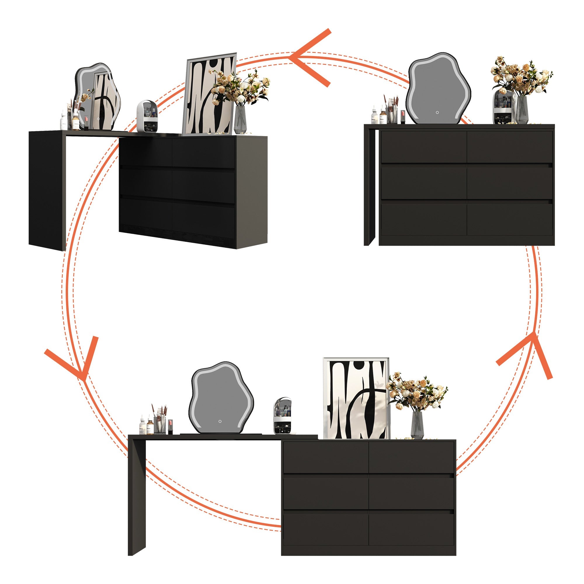 L-Shaped Rotatable Dresser Writing Table with 6 Drawers