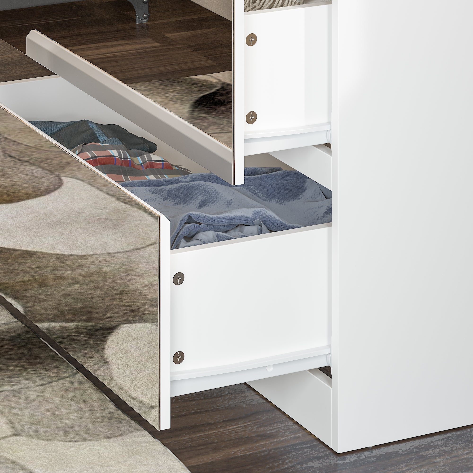 Modern Full-Length Mirrored Wardrobe With Multiple Drawers And Adjustable Shelving