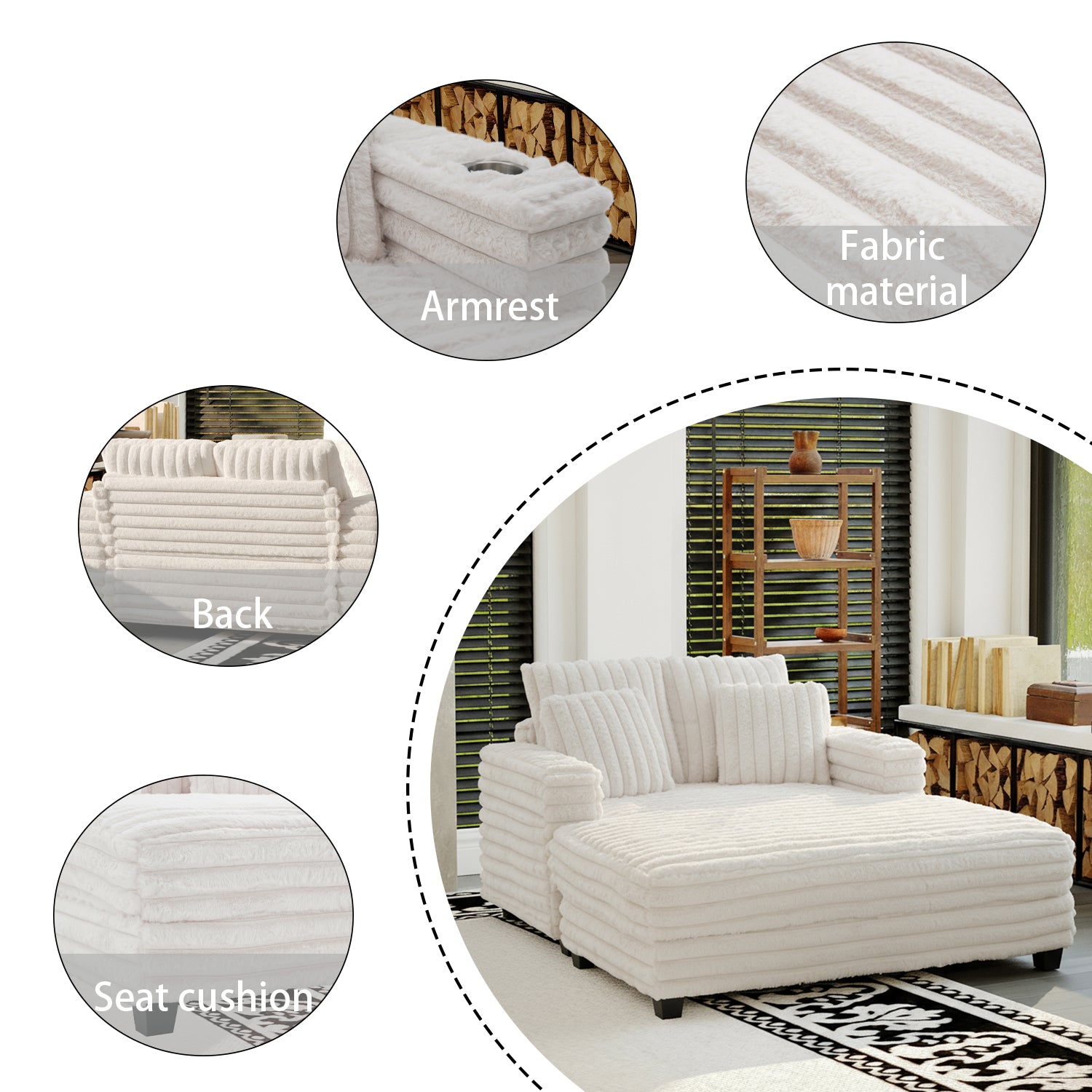 Oversized Modern Lounge Chaise Sofa Bed With Plush Faux Fur Upholstery And Pillow Set