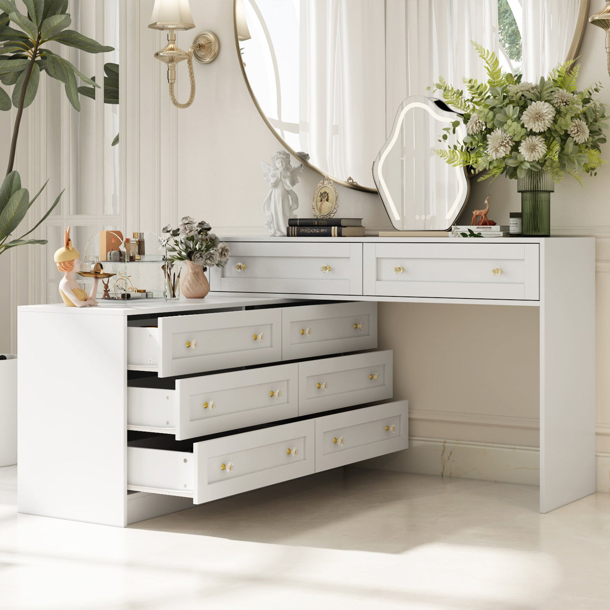 95 inches Modern Glam White Dresser and Vanity With Lights And Versatile Storage